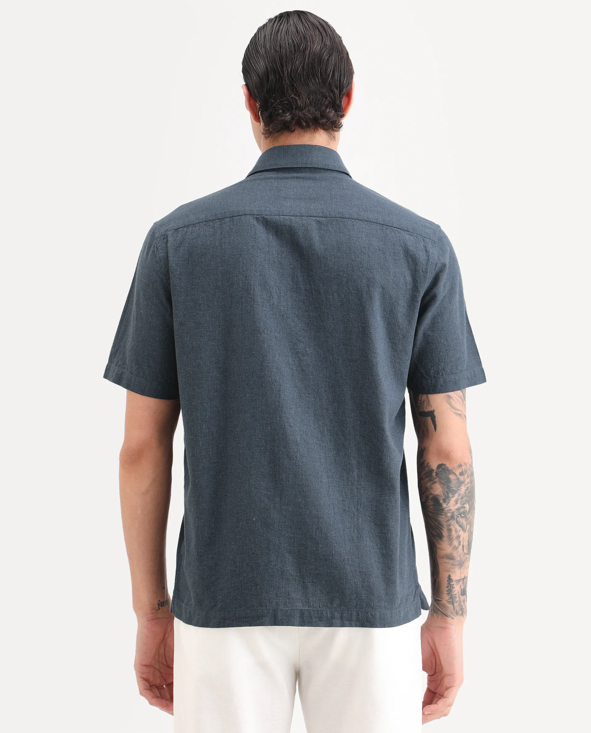 Rare Rabbit Men's Rode Dark Blue Cotton Blend Fabric Half Sleeve Spread Collar Regular Fit Plain Shirt - Image 7