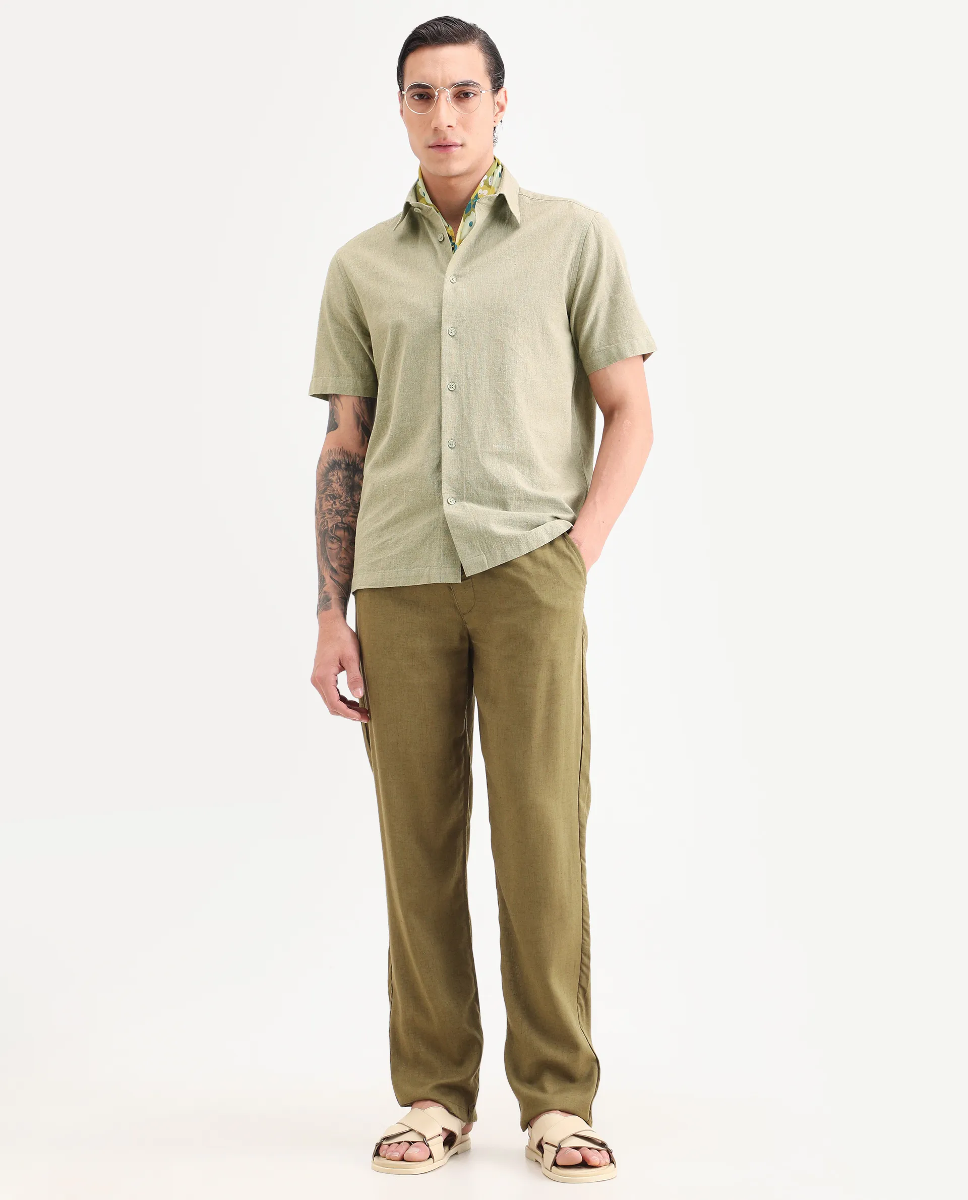 Rare Rabbit Men's Rode Green Cotton Blend Fabric Half Sleeve Spread Collar Regular Fit Plain Shirt - Image 2