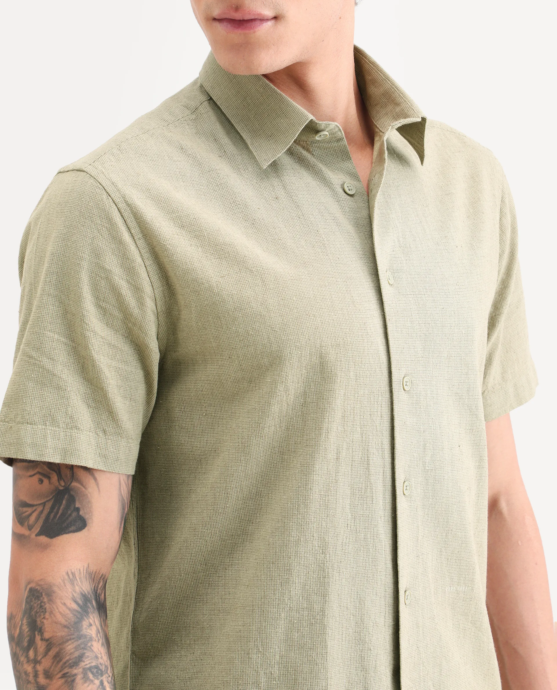 Rare Rabbit Men's Rode Green Cotton Blend Fabric Half Sleeve Spread Collar Regular Fit Plain Shirt - Image 3