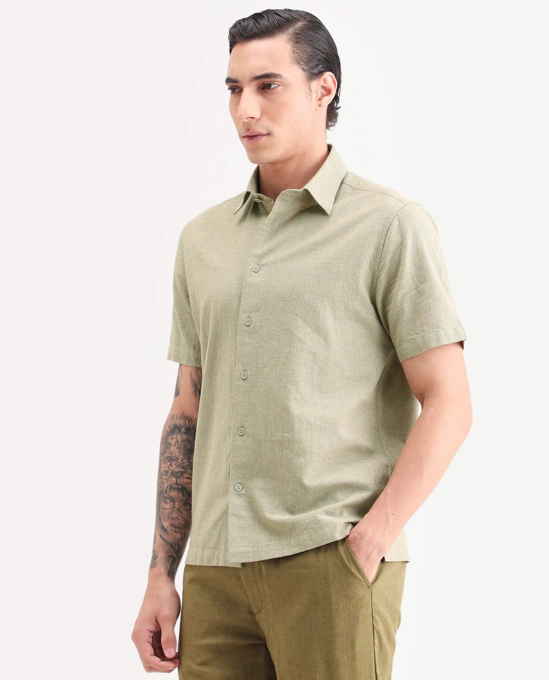 Rare Rabbit Men's Rode Green Cotton Blend Fabric Half Sleeve Spread Collar Regular Fit Plain Shirt - Image 4
