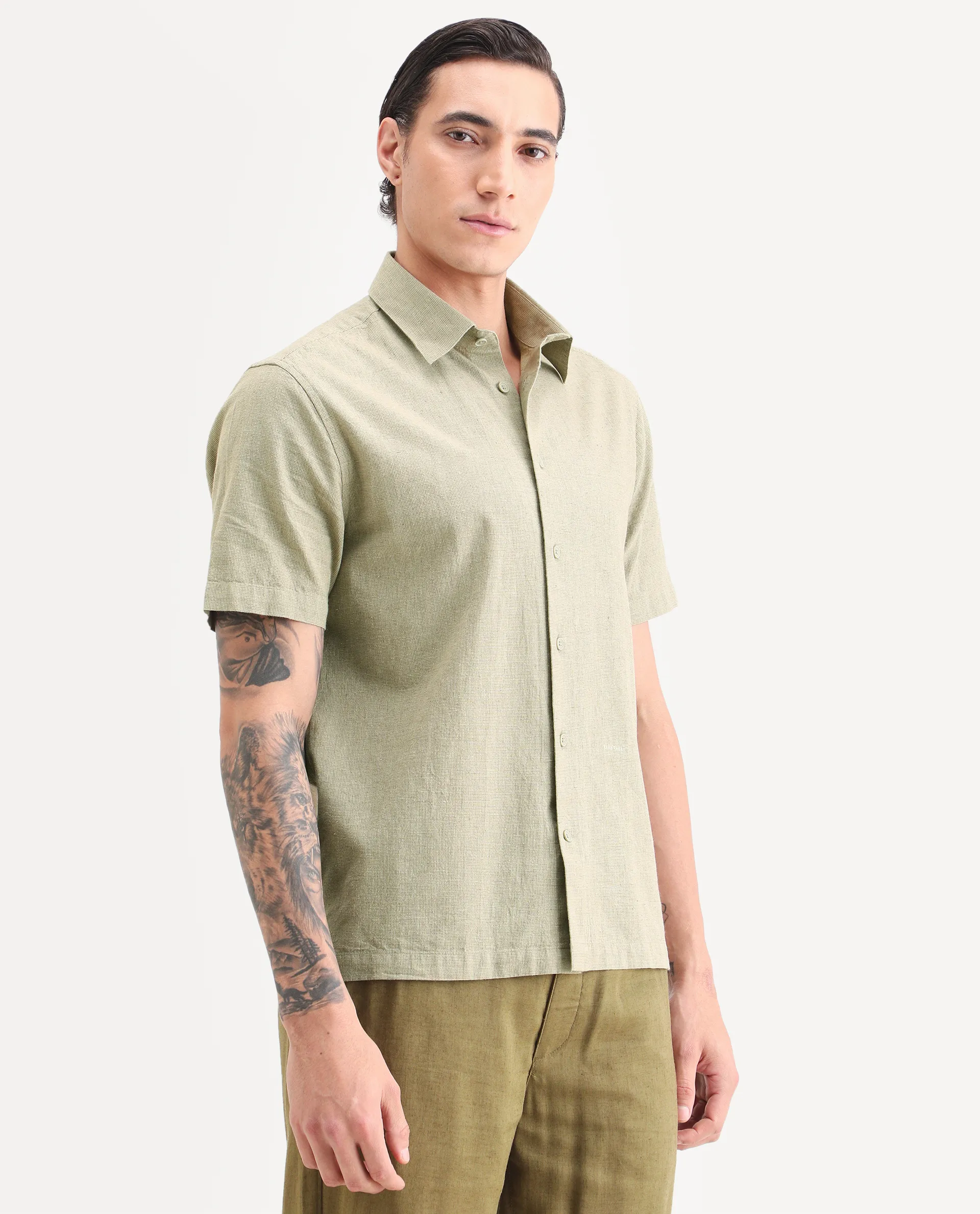 Rare Rabbit Men's Rode Green Cotton Blend Fabric Half Sleeve Spread Collar Regular Fit Plain Shirt - Image 5