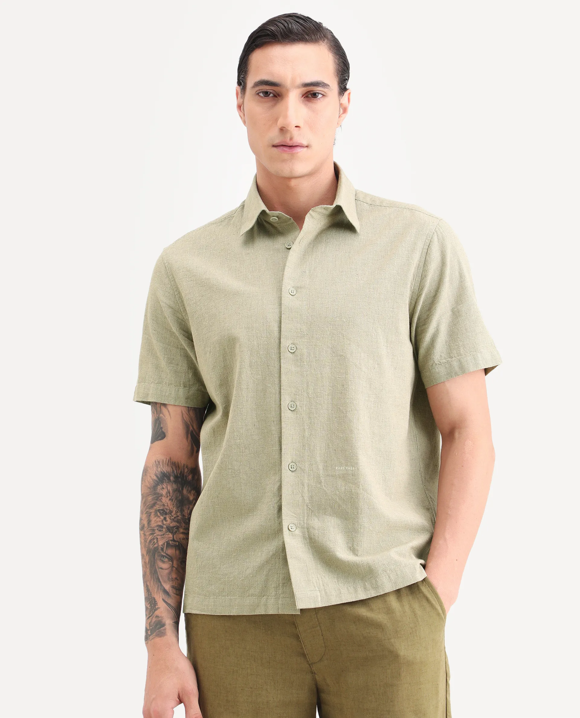 Rare Rabbit Men's Rode Green Cotton Blend Fabric Half Sleeve Spread Collar Regular Fit Plain Shirt - Image 6