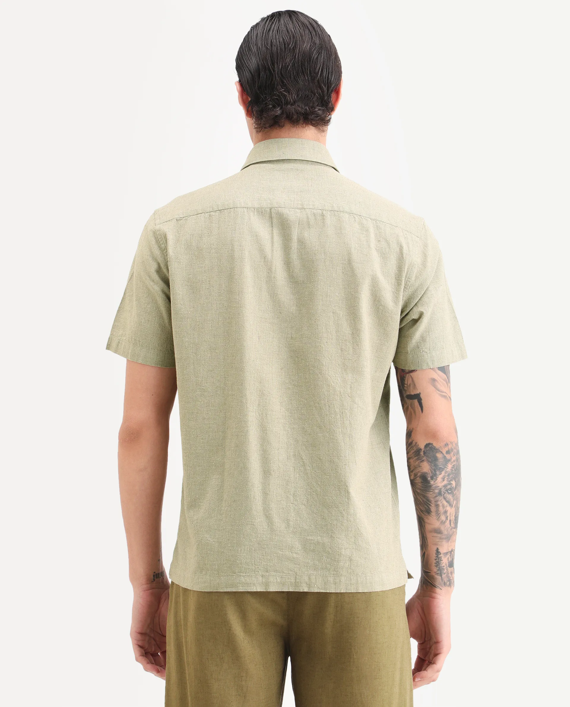 Rare Rabbit Men's Rode Green Cotton Blend Fabric Half Sleeve Spread Collar Regular Fit Plain Shirt - Image 7