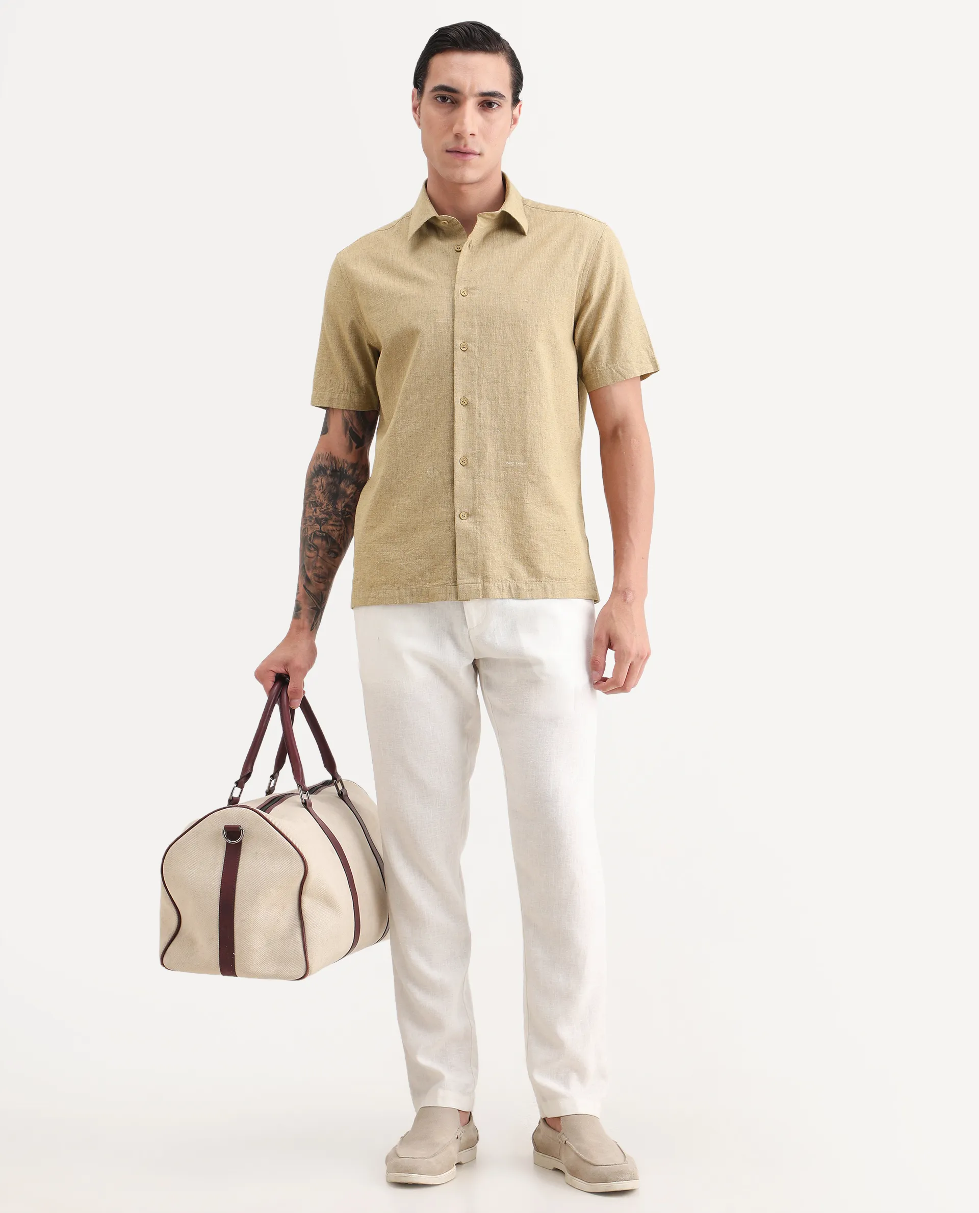 Rare Rabbit Men's Rode Musturd Cotton Blend Fabric Half Sleeve Spread Collar Regular Fit Plain Shirt - Image 2