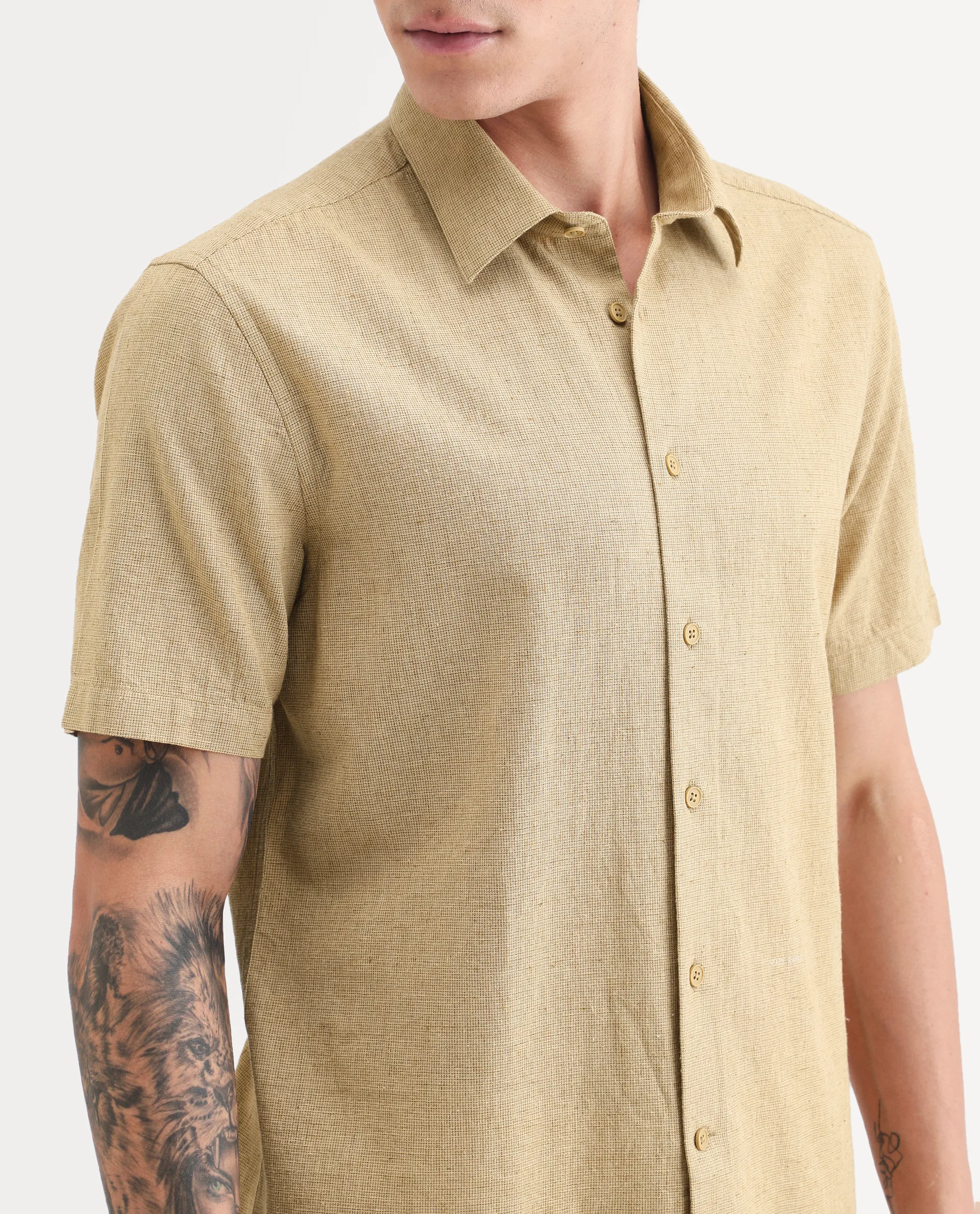 Rare Rabbit Men's Rode Musturd Cotton Blend Fabric Half Sleeve Spread Collar Regular Fit Plain Shirt - Image 3