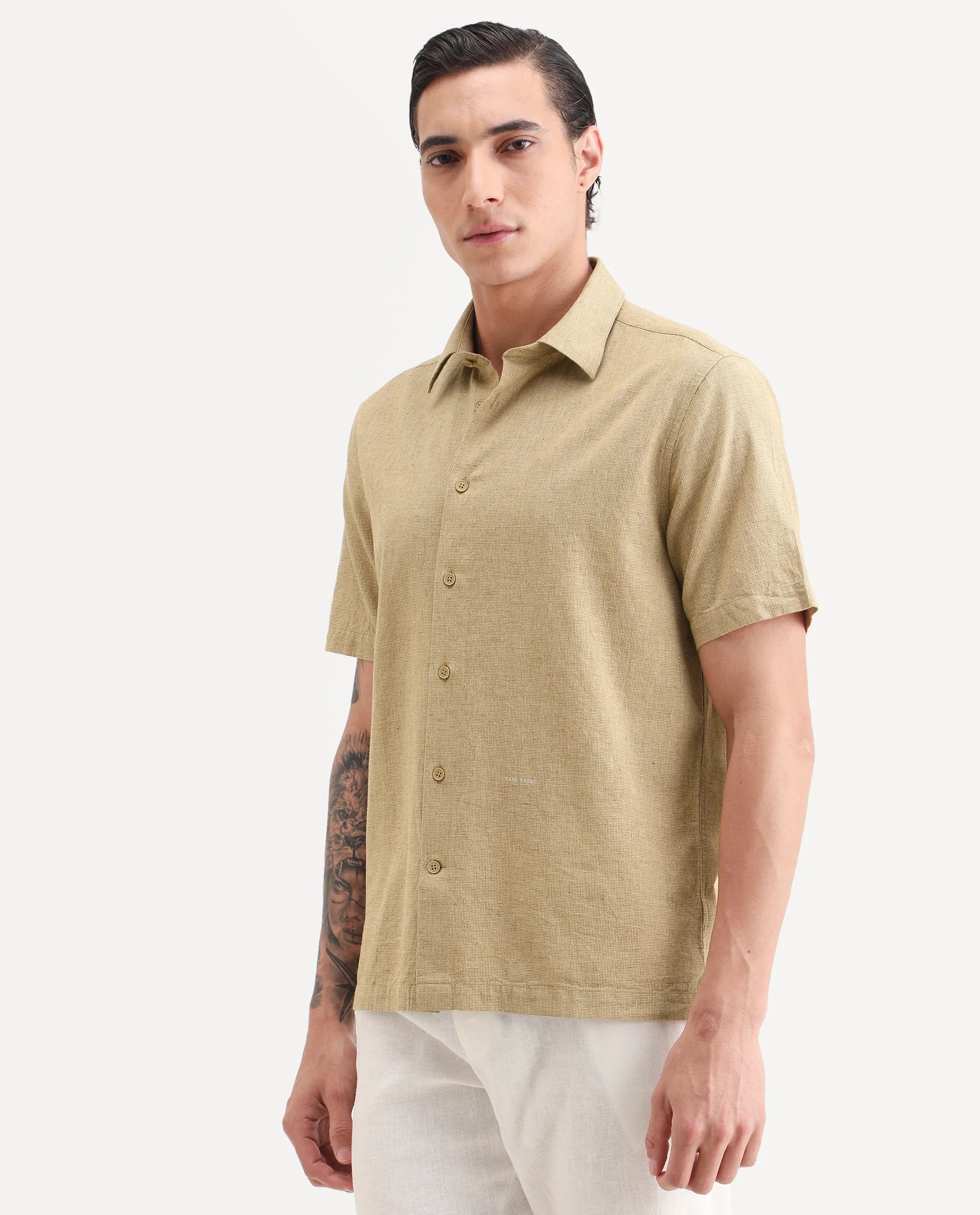 Rare Rabbit Men's Rode Musturd Cotton Blend Fabric Half Sleeve Spread Collar Regular Fit Plain Shirt - Image 4