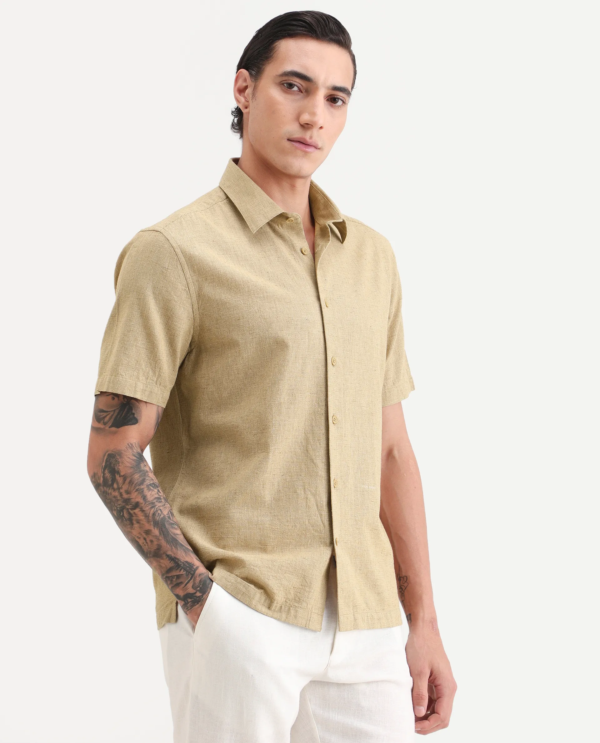 Rare Rabbit Men's Rode Musturd Cotton Blend Fabric Half Sleeve Spread Collar Regular Fit Plain Shirt - Image 5