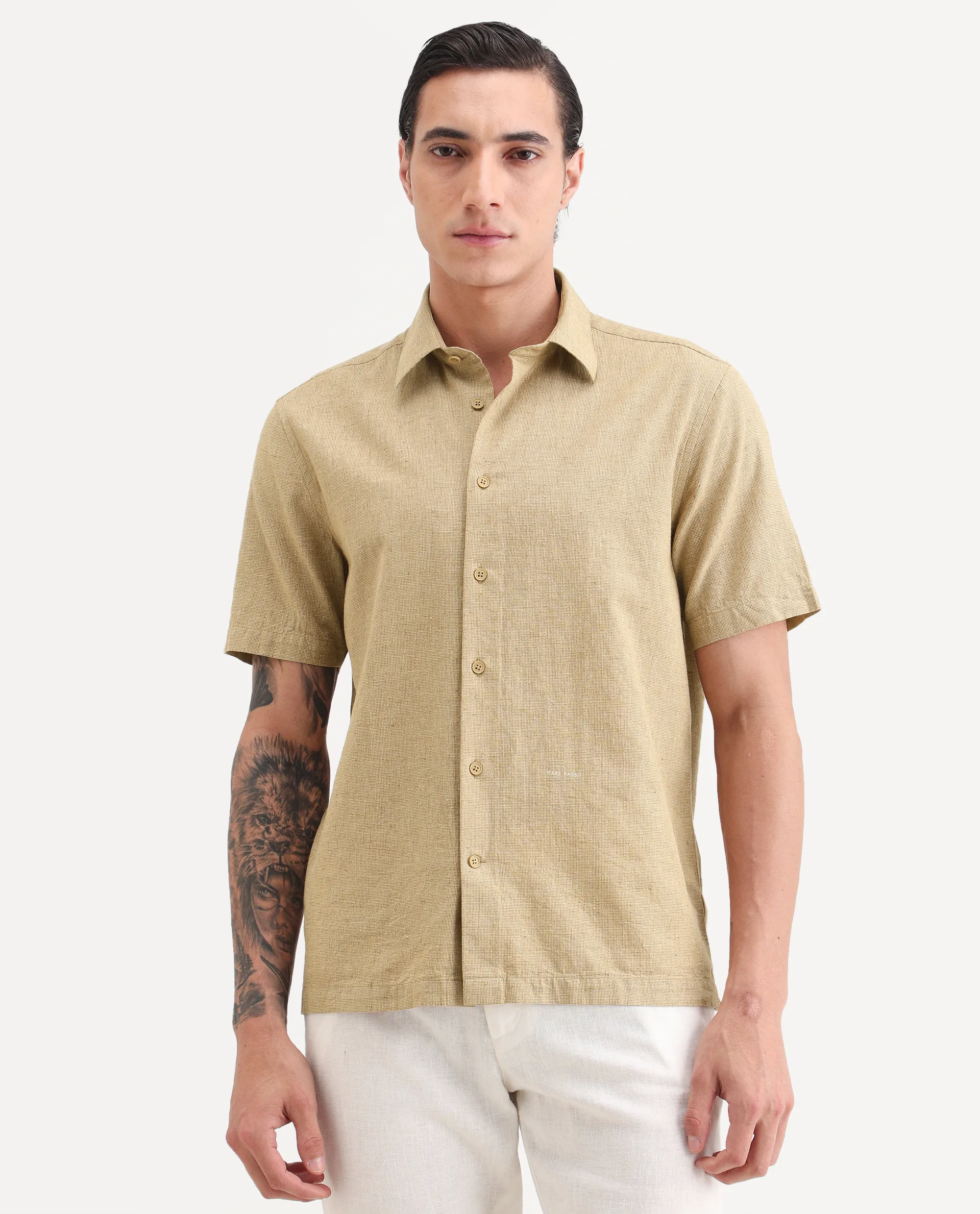 Rare Rabbit Men's Rode Musturd Cotton Blend Fabric Half Sleeve Spread Collar Regular Fit Plain Shirt - Image 6