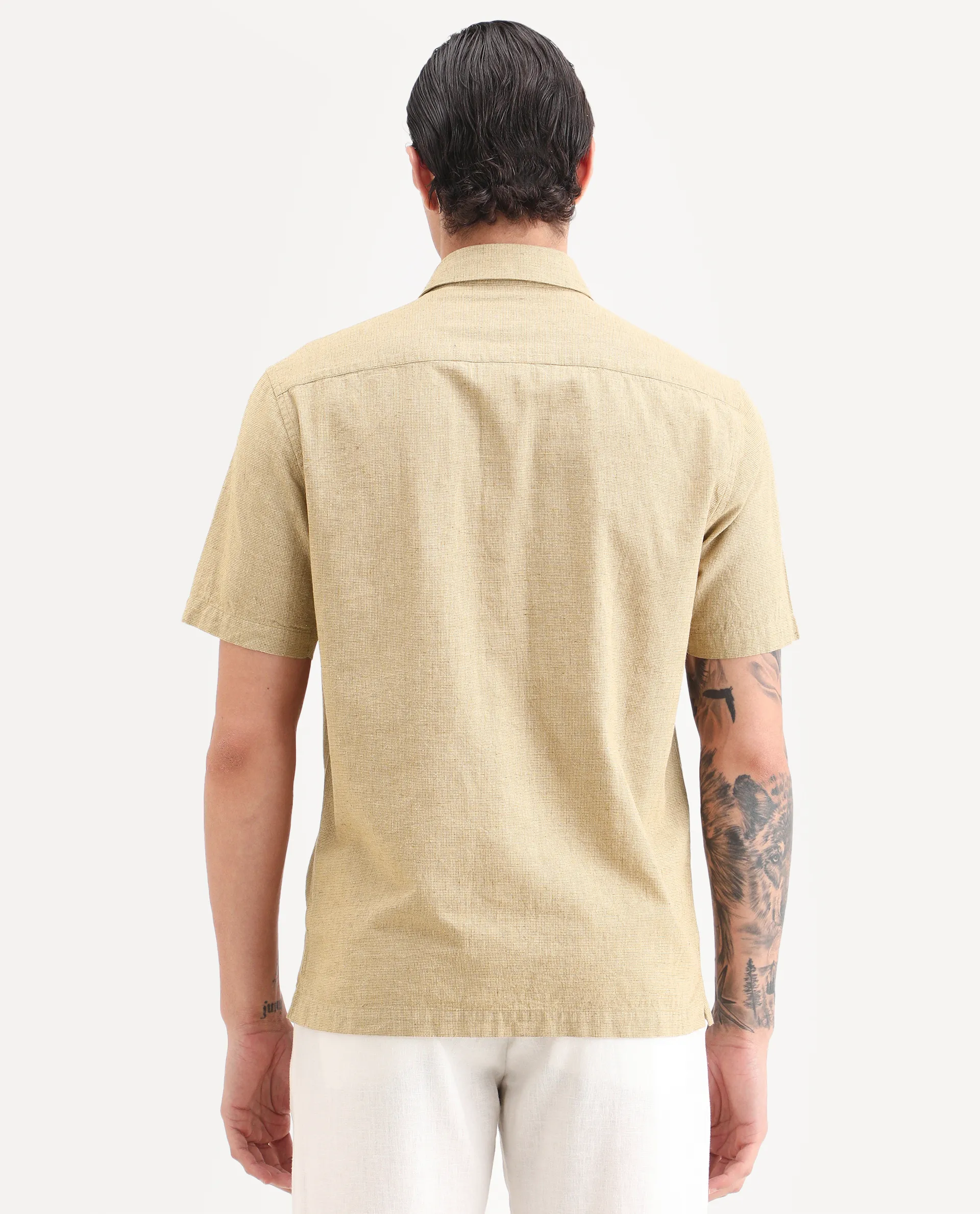 Rare Rabbit Men's Rode Musturd Cotton Blend Fabric Half Sleeve Spread Collar Regular Fit Plain Shirt - Image 7