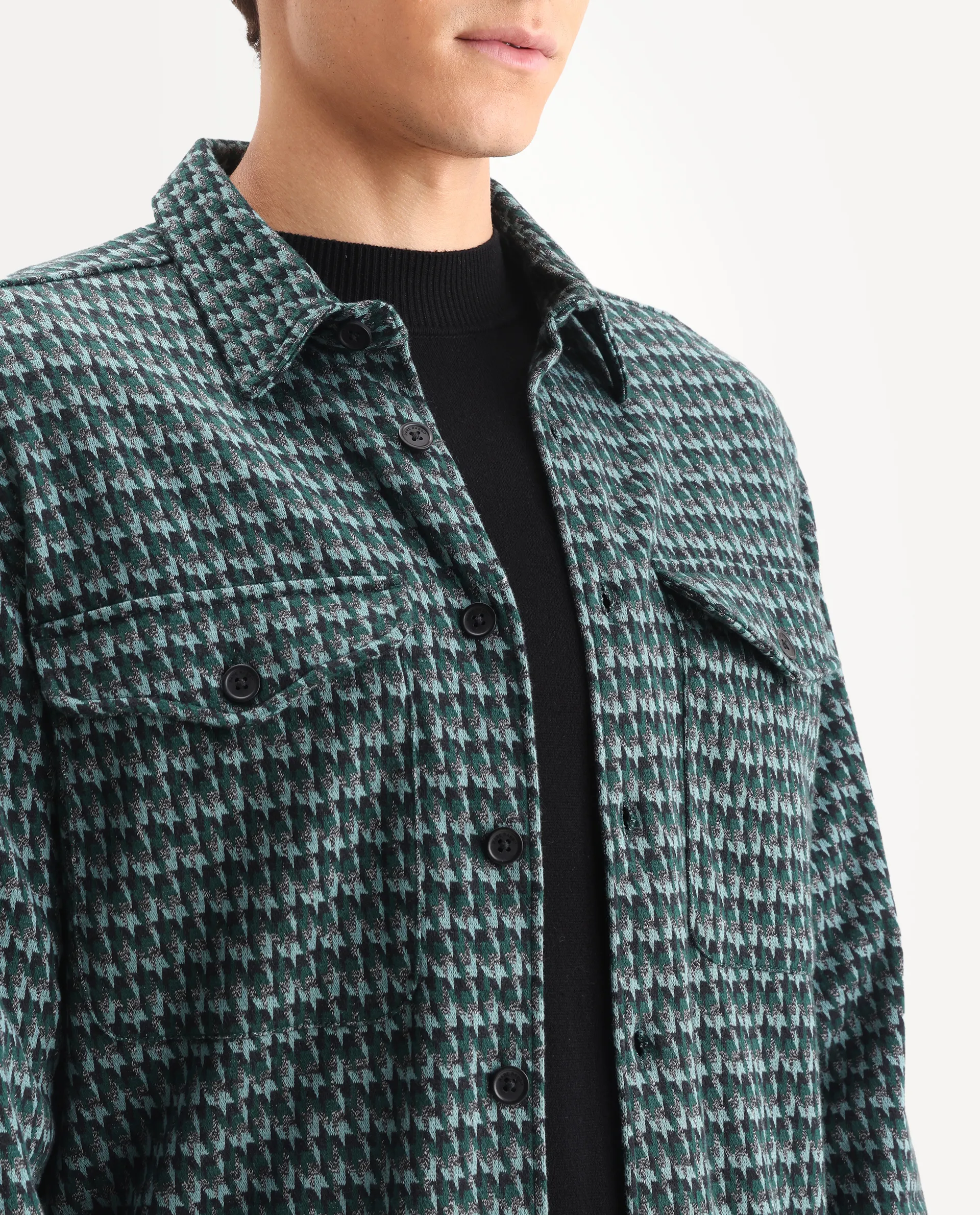 Rare Rabbit Men's Rodez Green Cotton Checked Print Relaxed Fit Full Sleeve Collared Shacket - Image 3