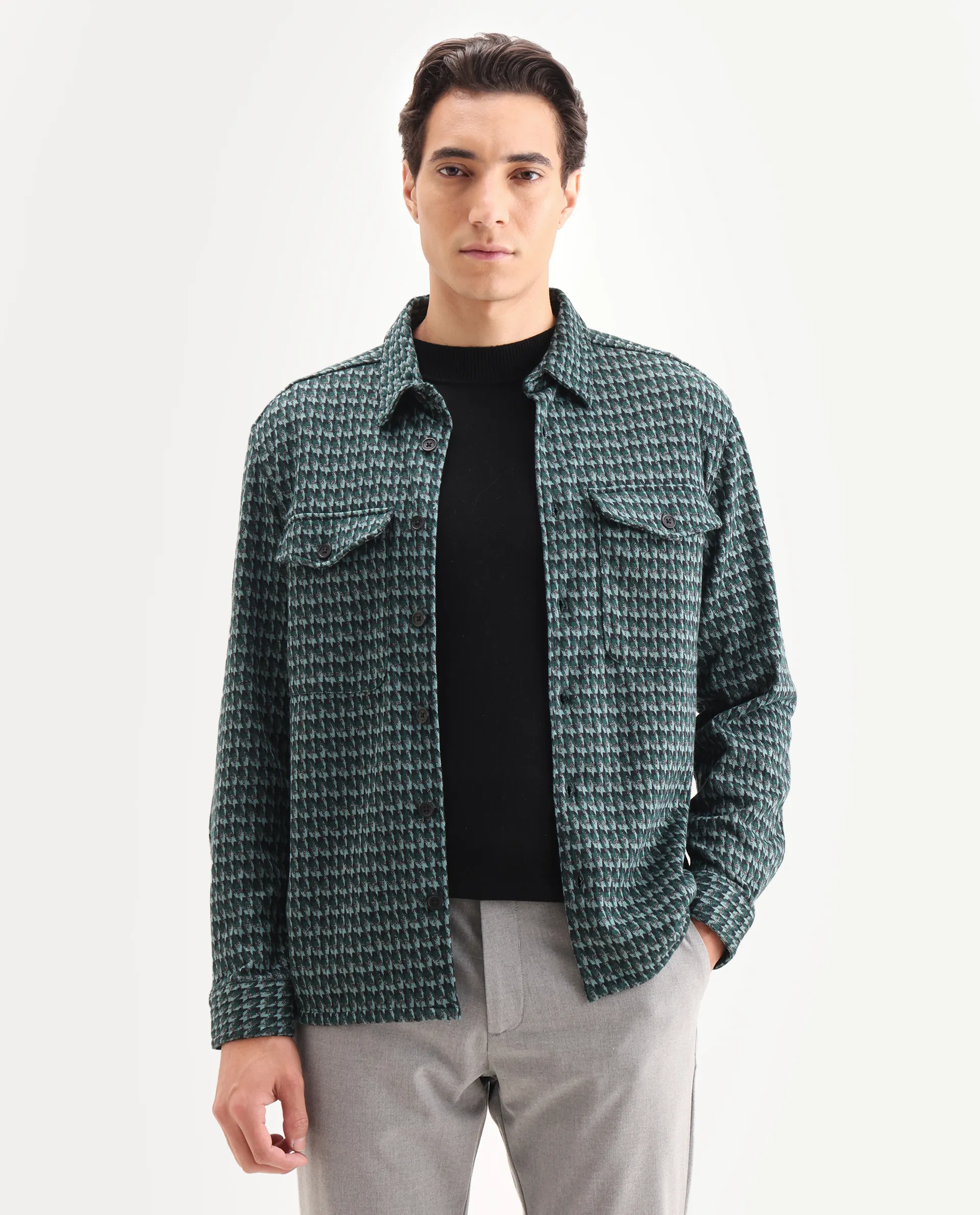 Rare Rabbit Men's Rodez Green Cotton Checked Print Relaxed Fit Full Sleeve Collared Shacket - Image 4