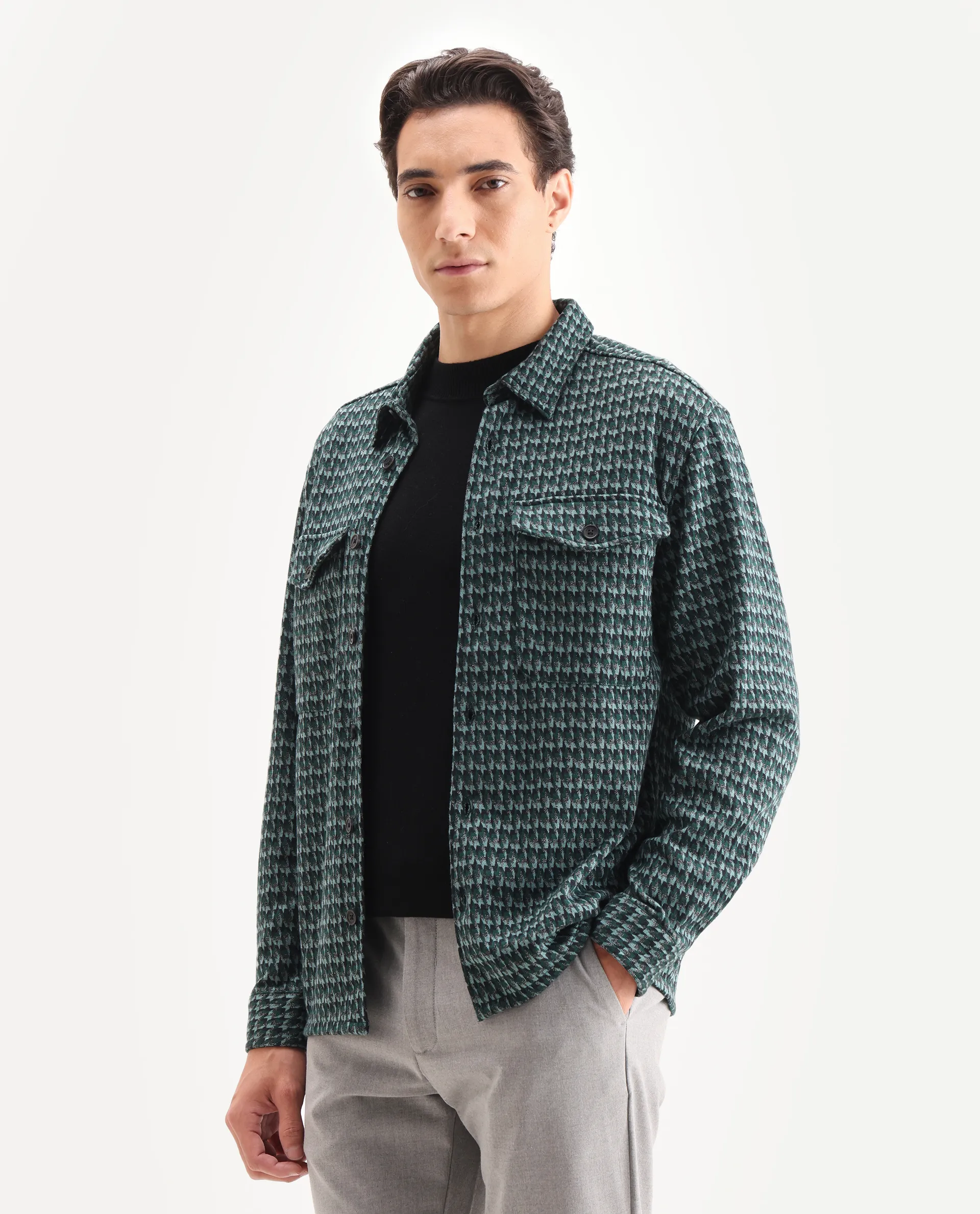 Rare Rabbit Men's Rodez Green Cotton Checked Print Relaxed Fit Full Sleeve Collared Shacket - Image 5