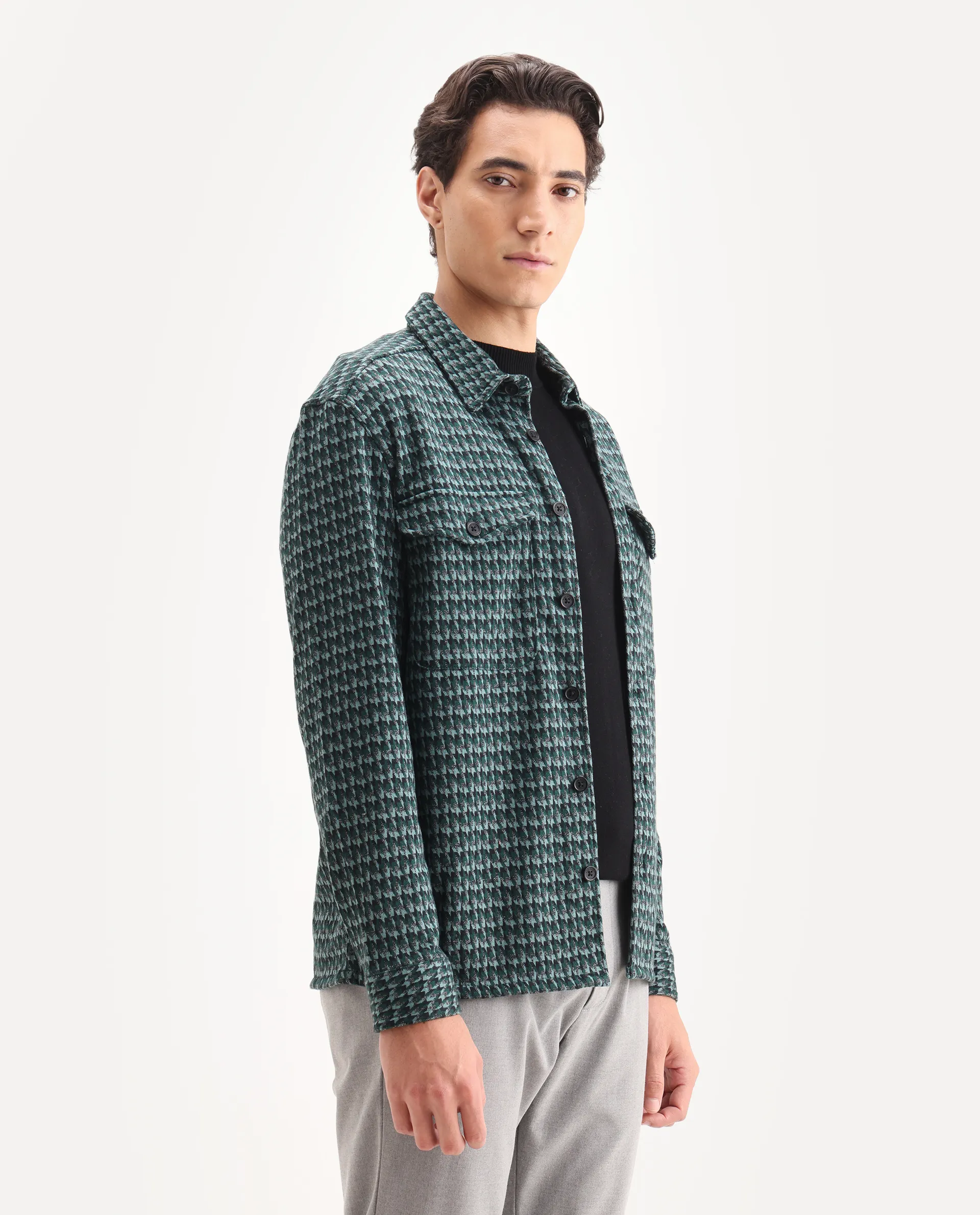 Rare Rabbit Men's Rodez Green Cotton Checked Print Relaxed Fit Full Sleeve Collared Shacket - Image 6