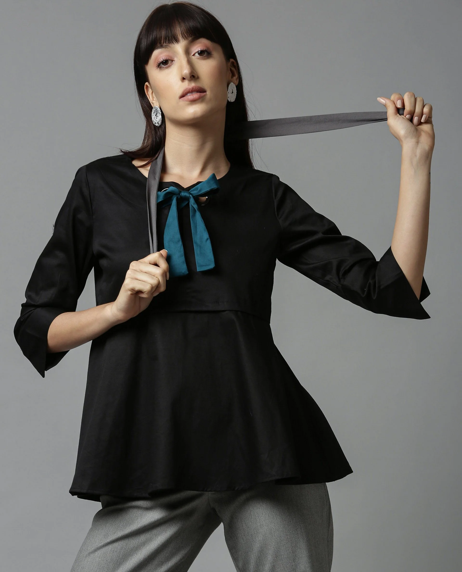 Rareism Women Rody Black Top Short Sleeves Solid