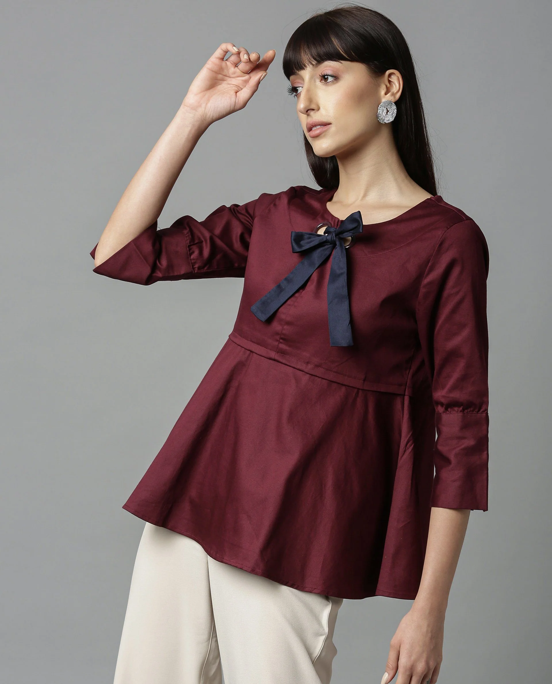 Rareism Women Rody Maroon Top Short Sleeves Solid