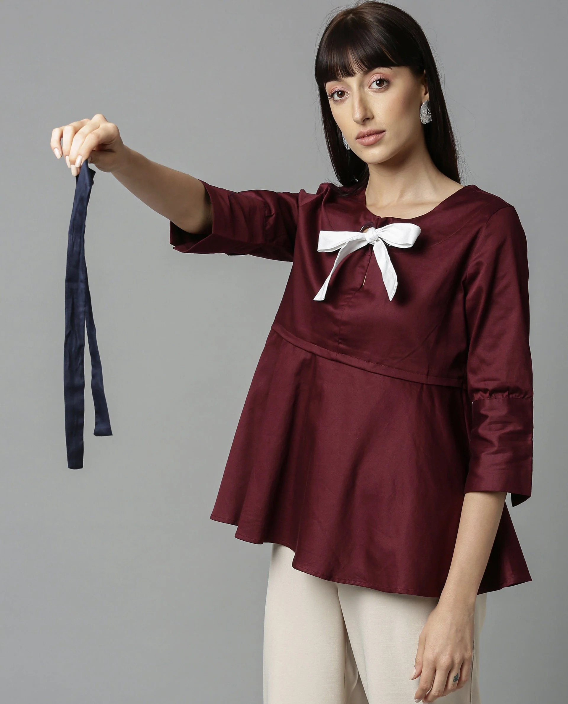 Rareism Women Rody Maroon Top Short Sleeves Solid - Image 3