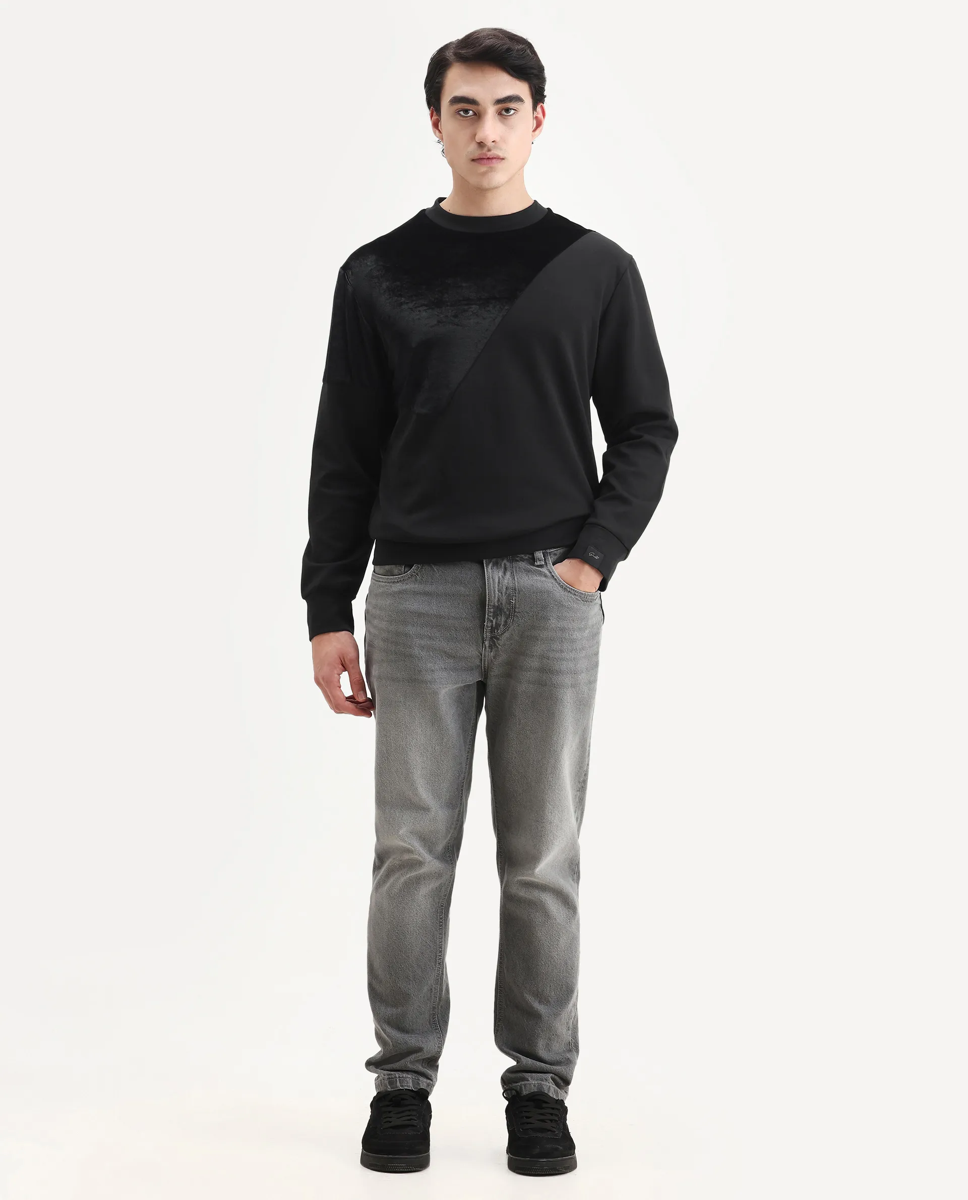 Rare Rabbit Men's Roe Black Velvet Cut And Sew Regular Fit Full Sleeve Crew Neck Sweatshirt - Image 2