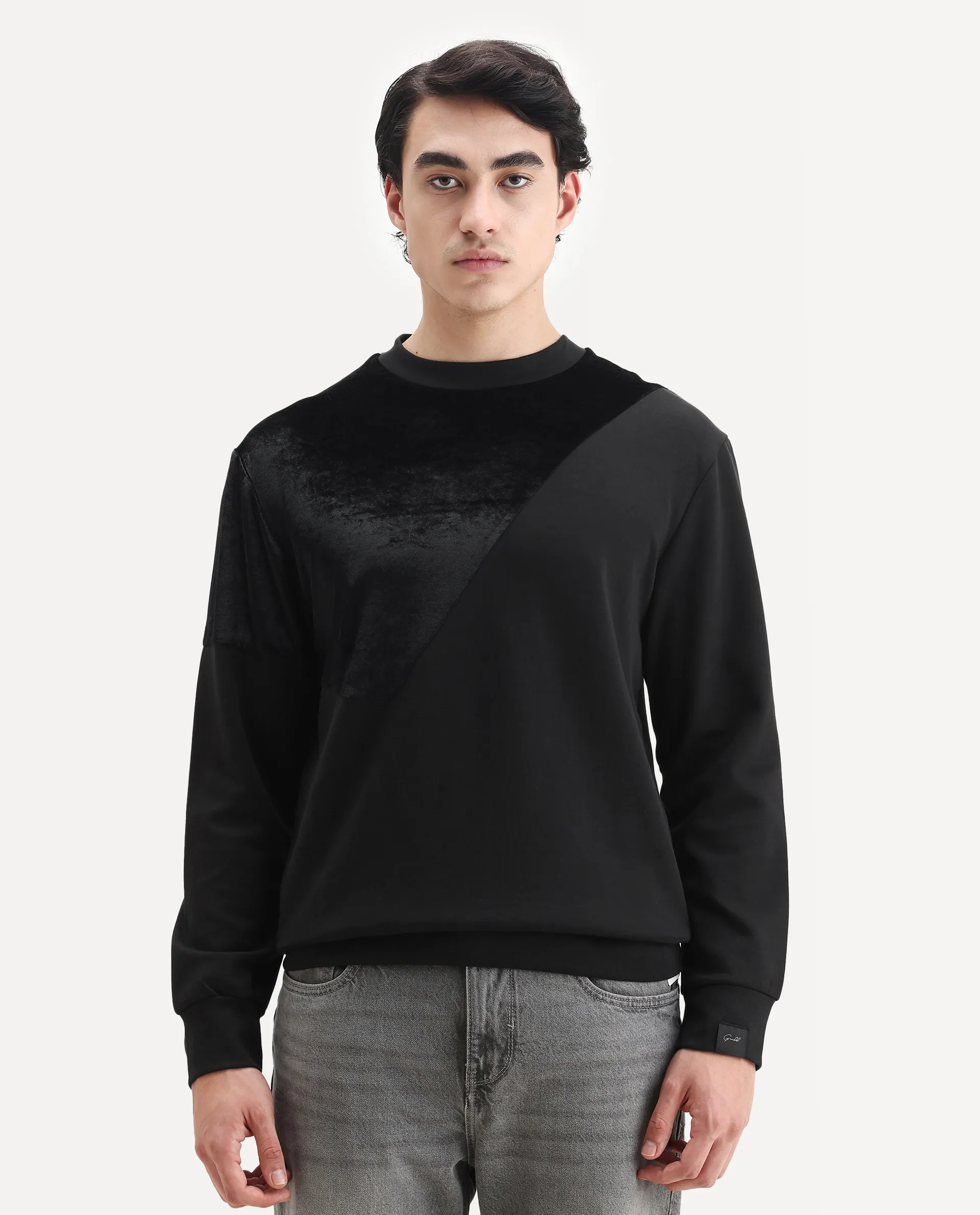 Rare Rabbit Men's Roe Black Velvet Cut And Sew Regular Fit Full Sleeve Crew Neck Sweatshirt - Image 4