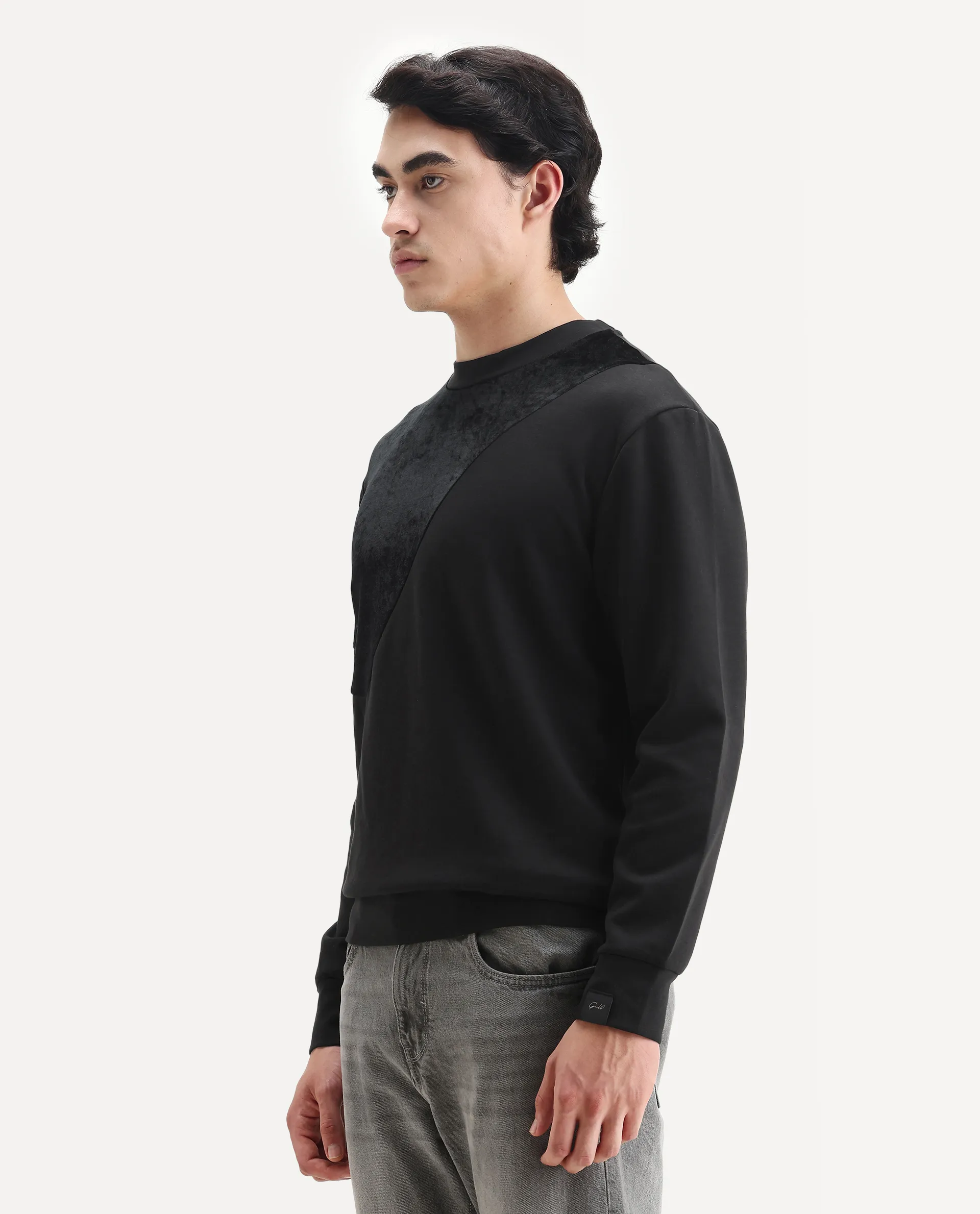 Rare Rabbit Men's Roe Black Velvet Cut And Sew Regular Fit Full Sleeve Crew Neck Sweatshirt - Image 5