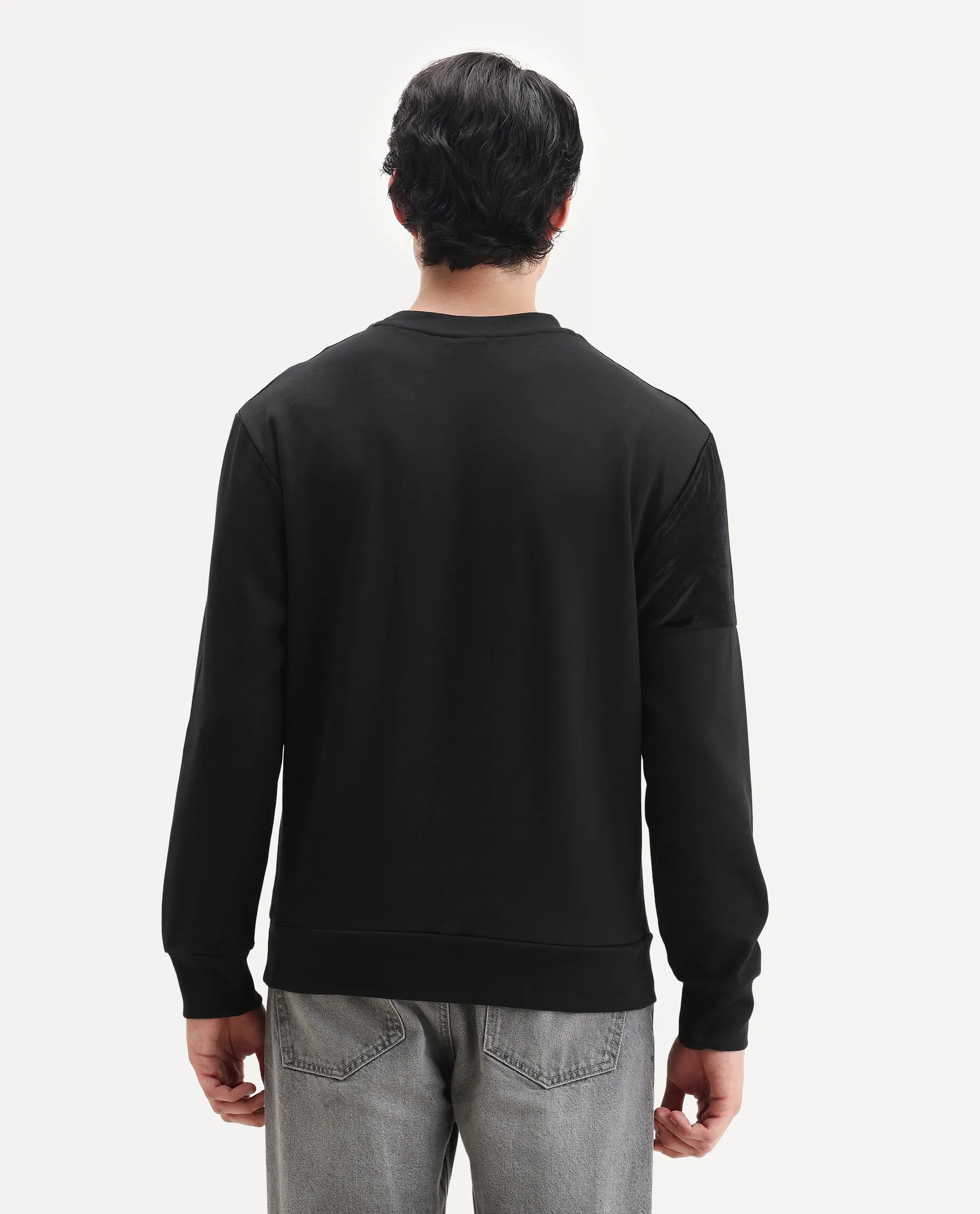 Rare Rabbit Men's Roe Black Velvet Cut And Sew Regular Fit Full Sleeve Crew Neck Sweatshirt - Image 7