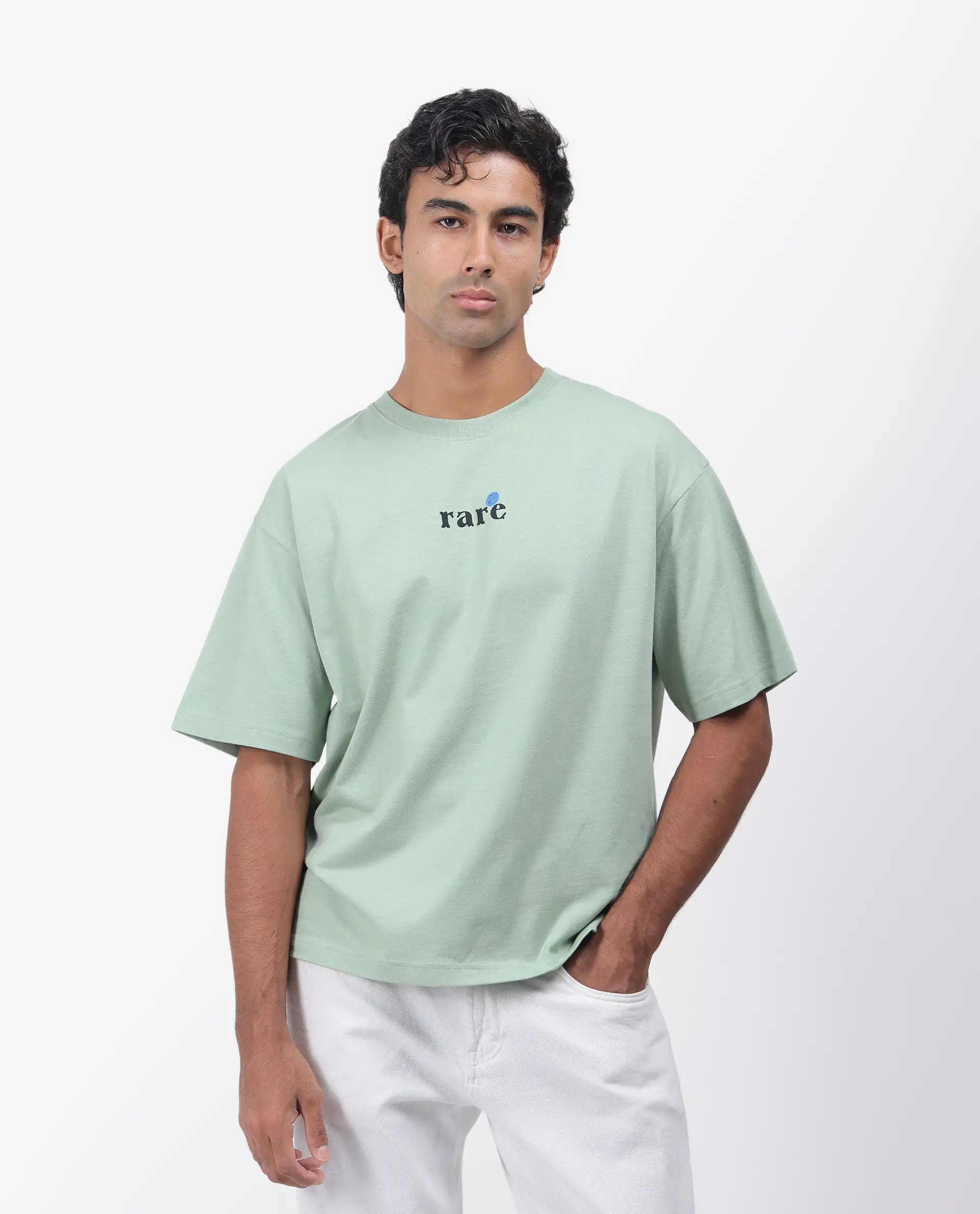 Rare Rabbit Men's Roe Green Cotton Graphic Print Oversized Fit Half Sleeve Crew Neck T-Shirt - Image 2