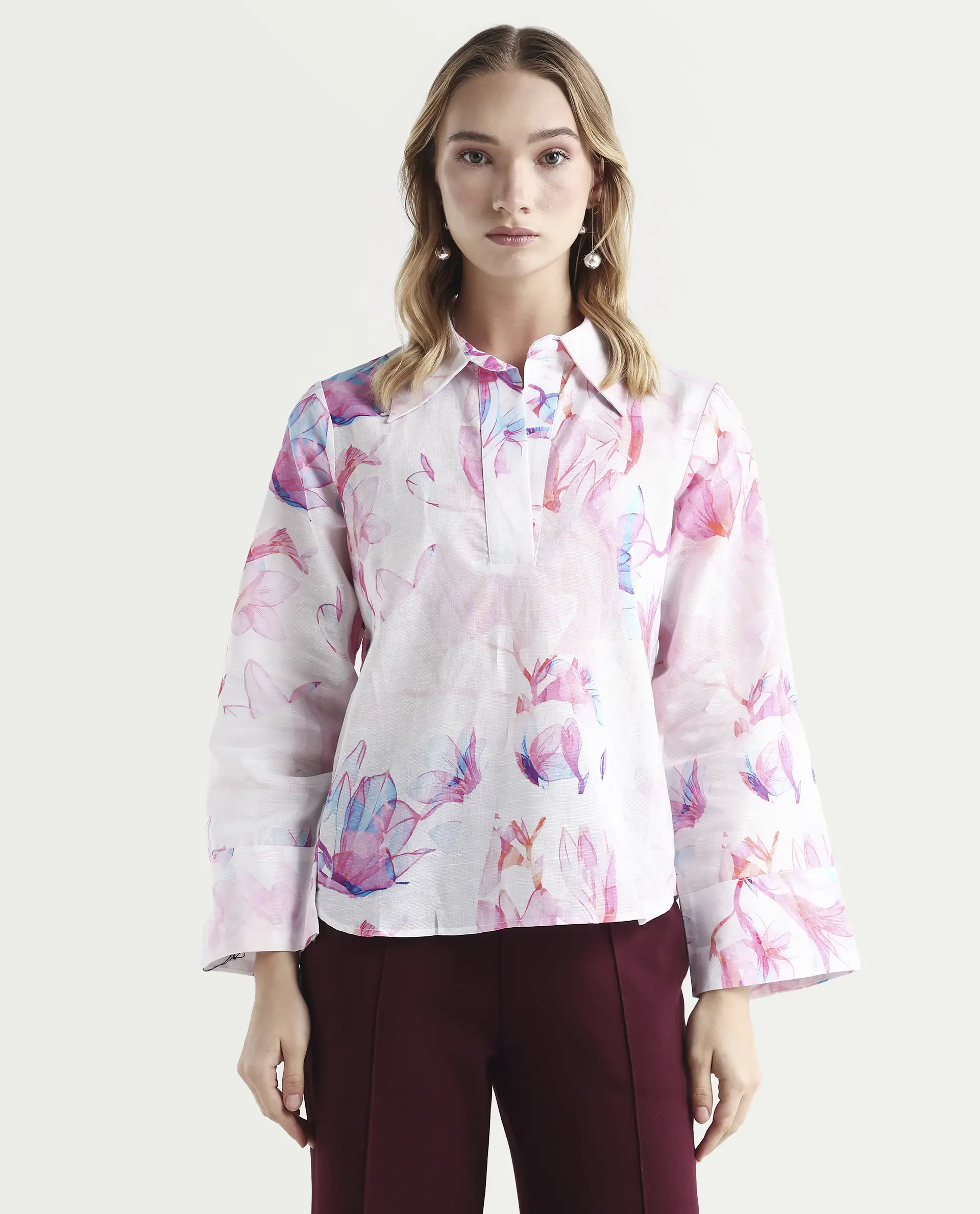 Rareism Women's Rofianie Light Multi Cotton Blend Drop Collar Abstract Print Bell Sleeve Regular Fit Top - Image 3