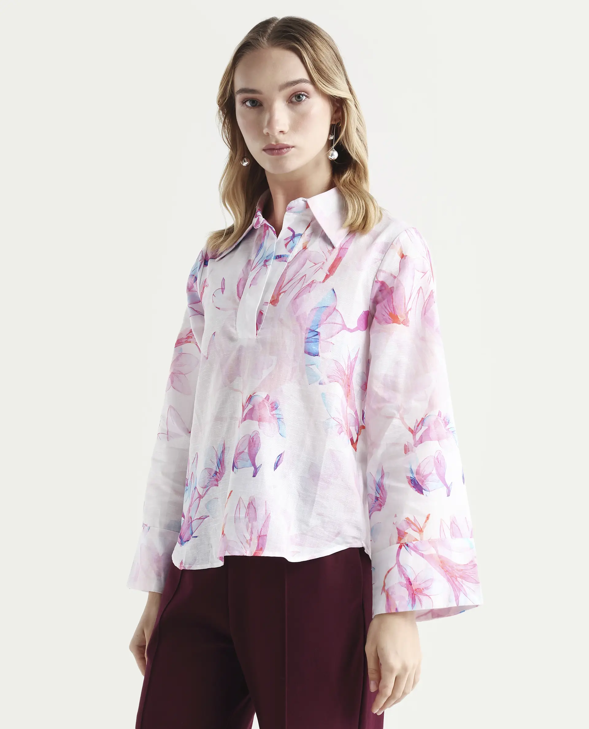 Rareism Women's Rofianie Light Multi Cotton Blend Drop Collar Abstract Print Bell Sleeve Regular Fit Top - Image 5