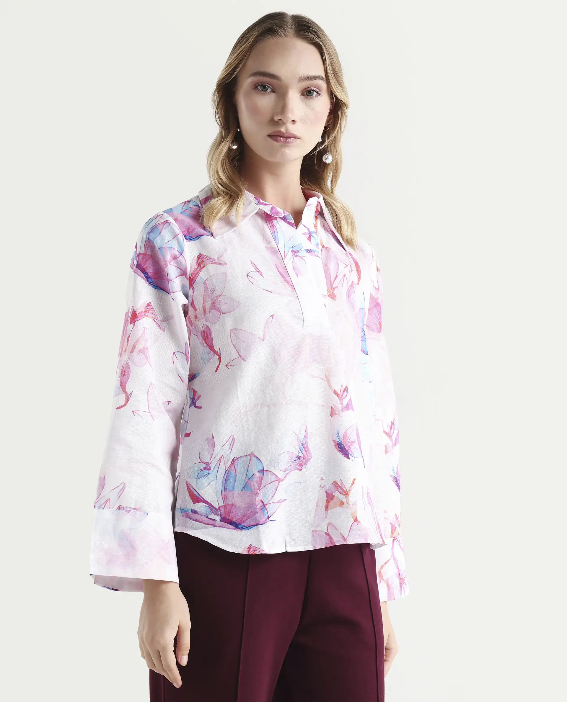 Rareism Women's Rofianie Light Multi Cotton Blend Drop Collar Abstract Print Bell Sleeve Regular Fit Top - Image 6