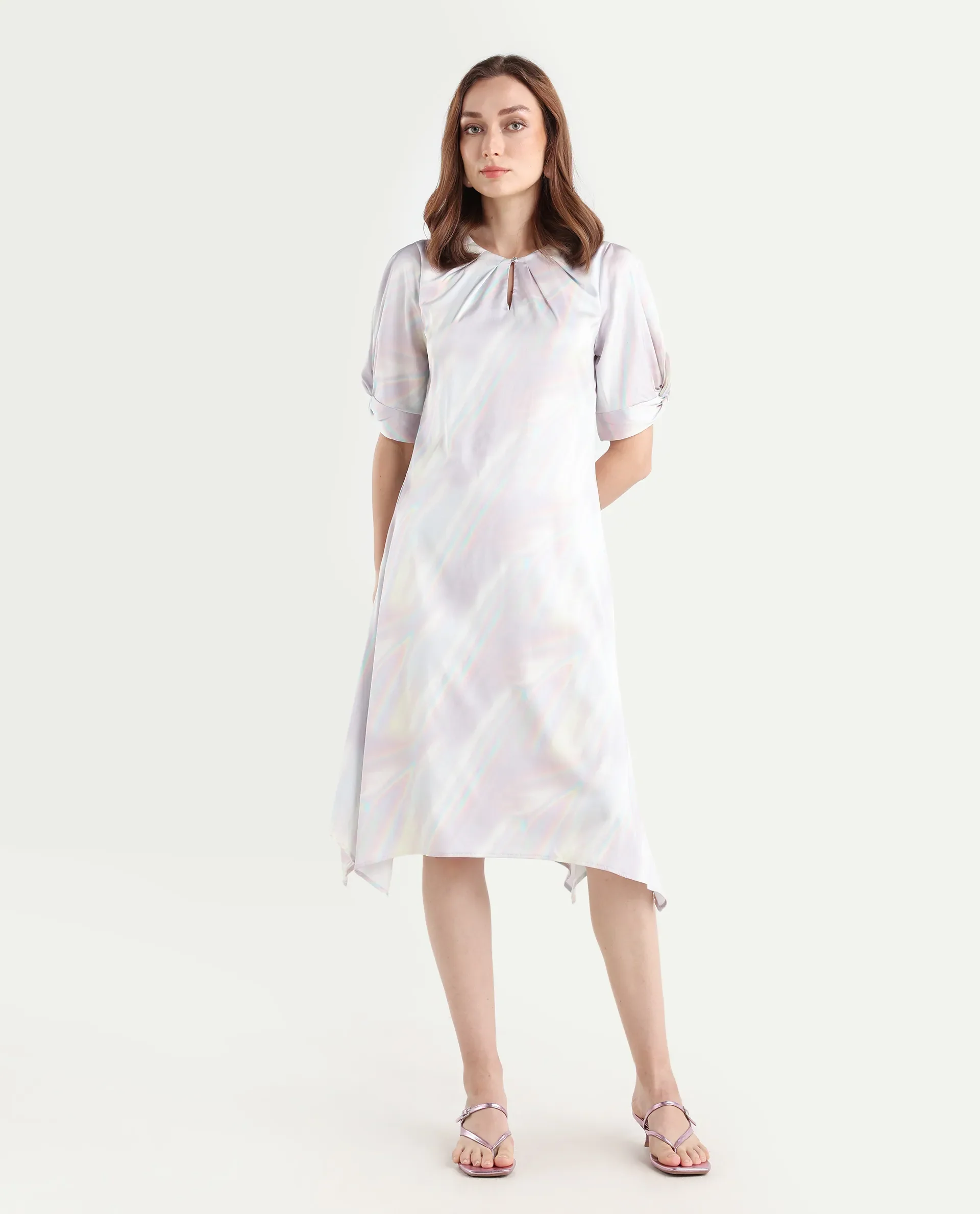 Rareism Women's Rogaz Light Multi Polyester Crew Neck Floral Print Balloon Sleeve Midi Asymmetric Dress - Image 2