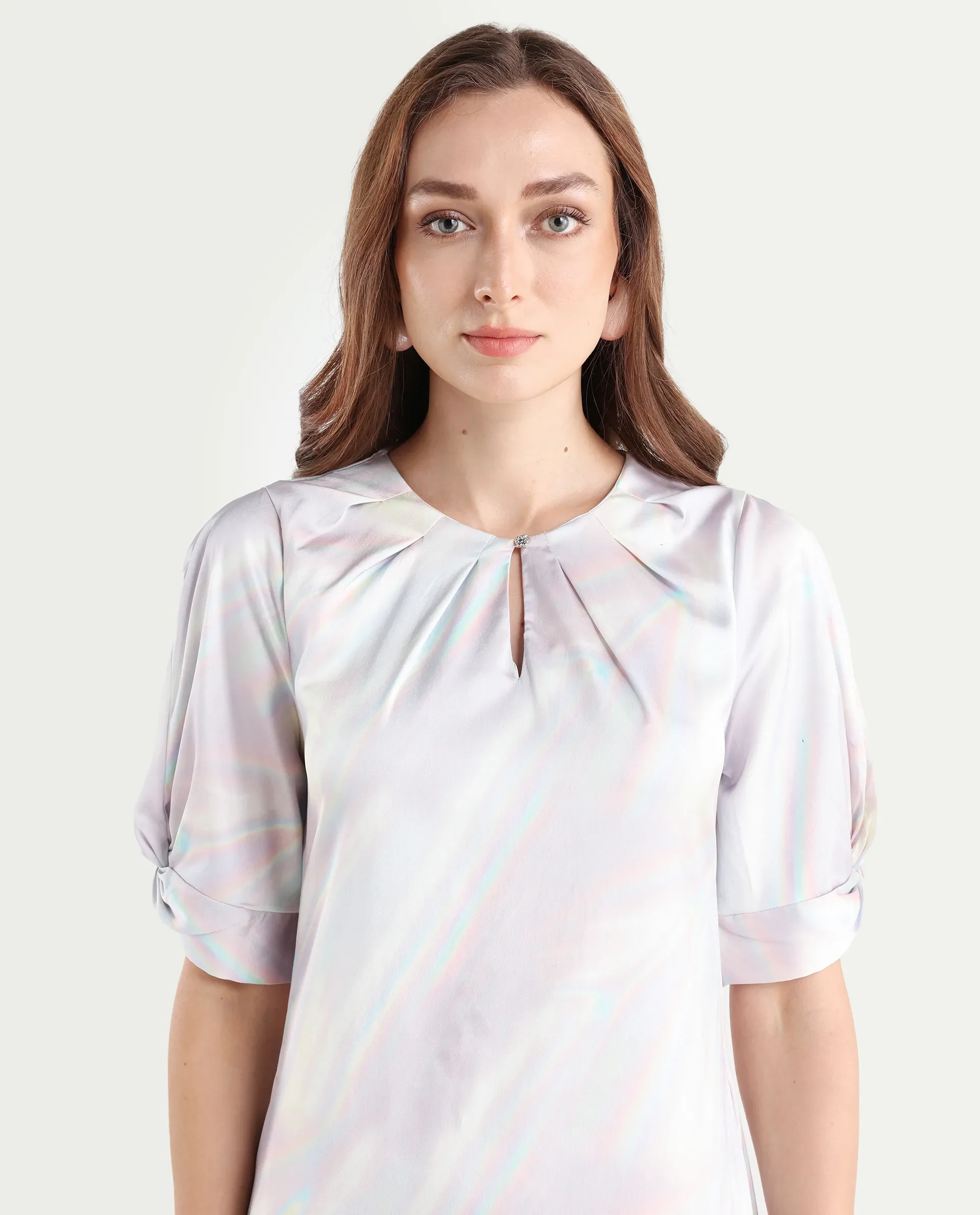 Rareism Women's Rogaz Light Multi Polyester Crew Neck Floral Print Balloon Sleeve Midi Asymmetric Dress - Image 3