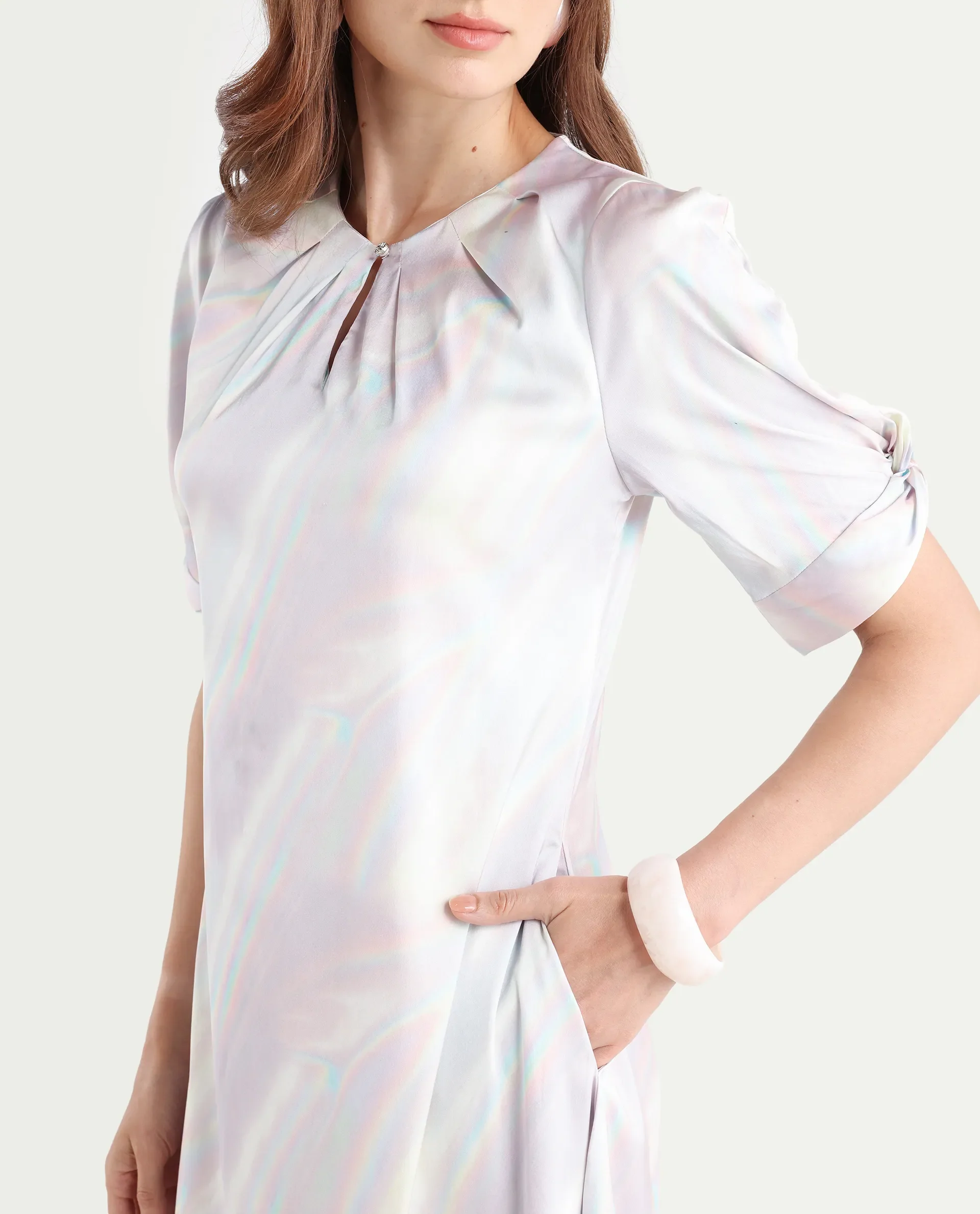 Rareism Women's Rogaz Light Multi Polyester Crew Neck Floral Print Balloon Sleeve Midi Asymmetric Dress - Image 4
