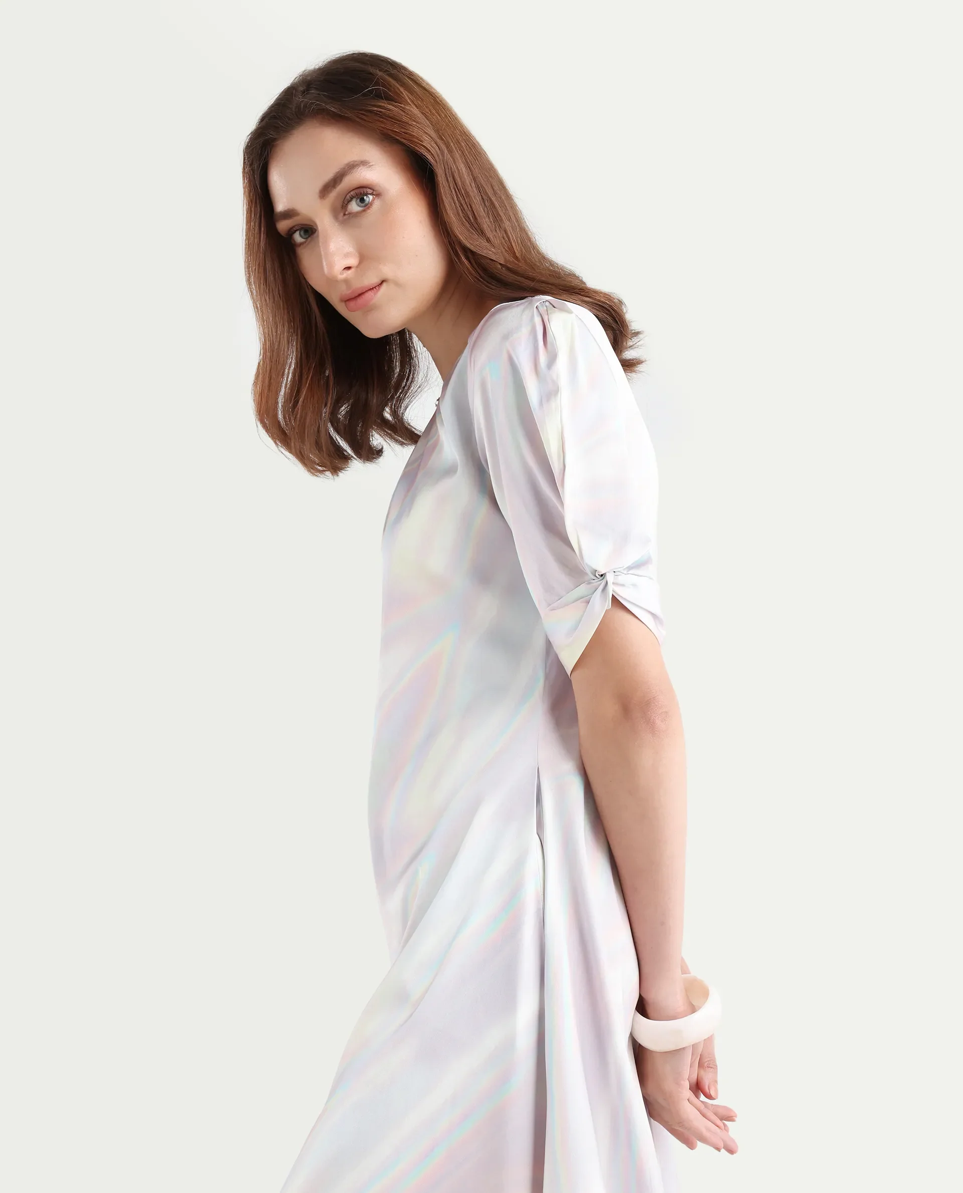 Rareism Women's Rogaz Light Multi Polyester Crew Neck Floral Print Balloon Sleeve Midi Asymmetric Dress - Image 5