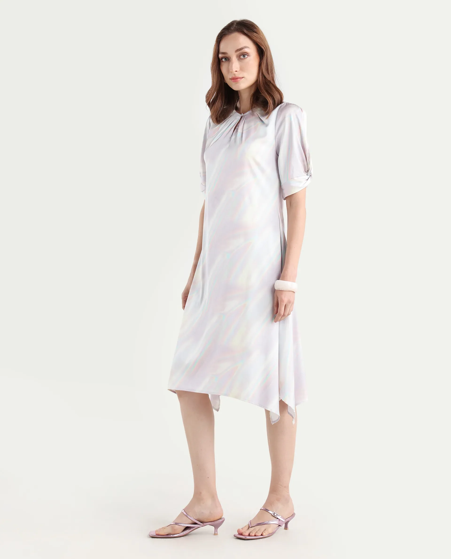 Rareism Women's Rogaz Light Multi Polyester Crew Neck Floral Print Balloon Sleeve Midi Asymmetric Dress - Image 6