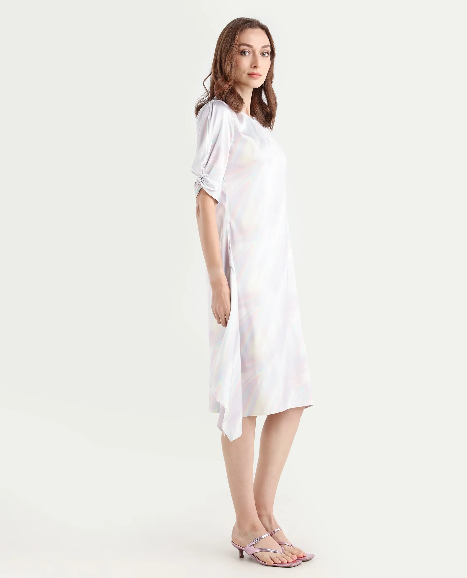 Rareism Women's Rogaz Light Multi Polyester Crew Neck Floral Print Balloon Sleeve Midi Asymmetric Dress - Image 7