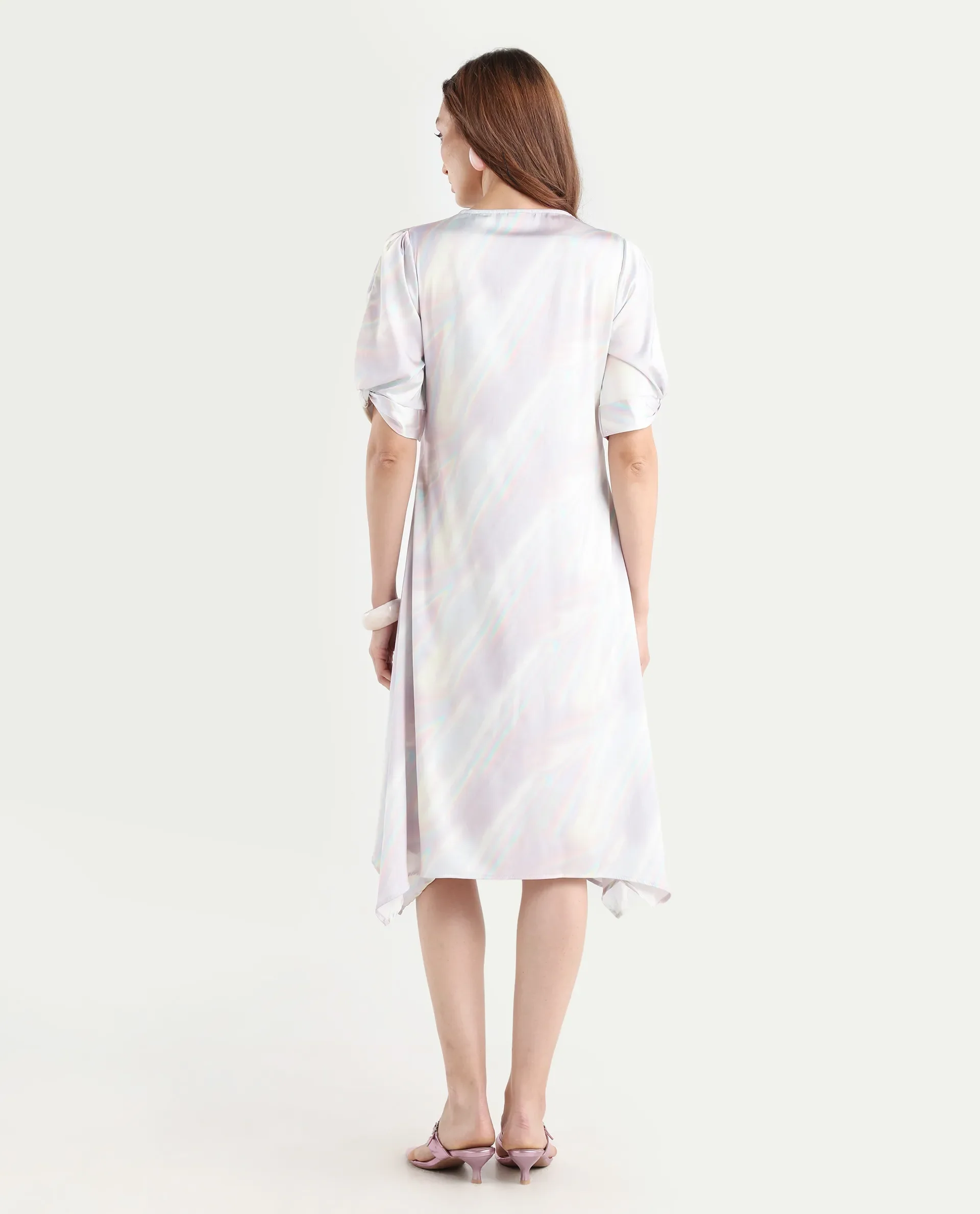 Rareism Women's Rogaz Light Multi Polyester Crew Neck Floral Print Balloon Sleeve Midi Asymmetric Dress - Image 8
