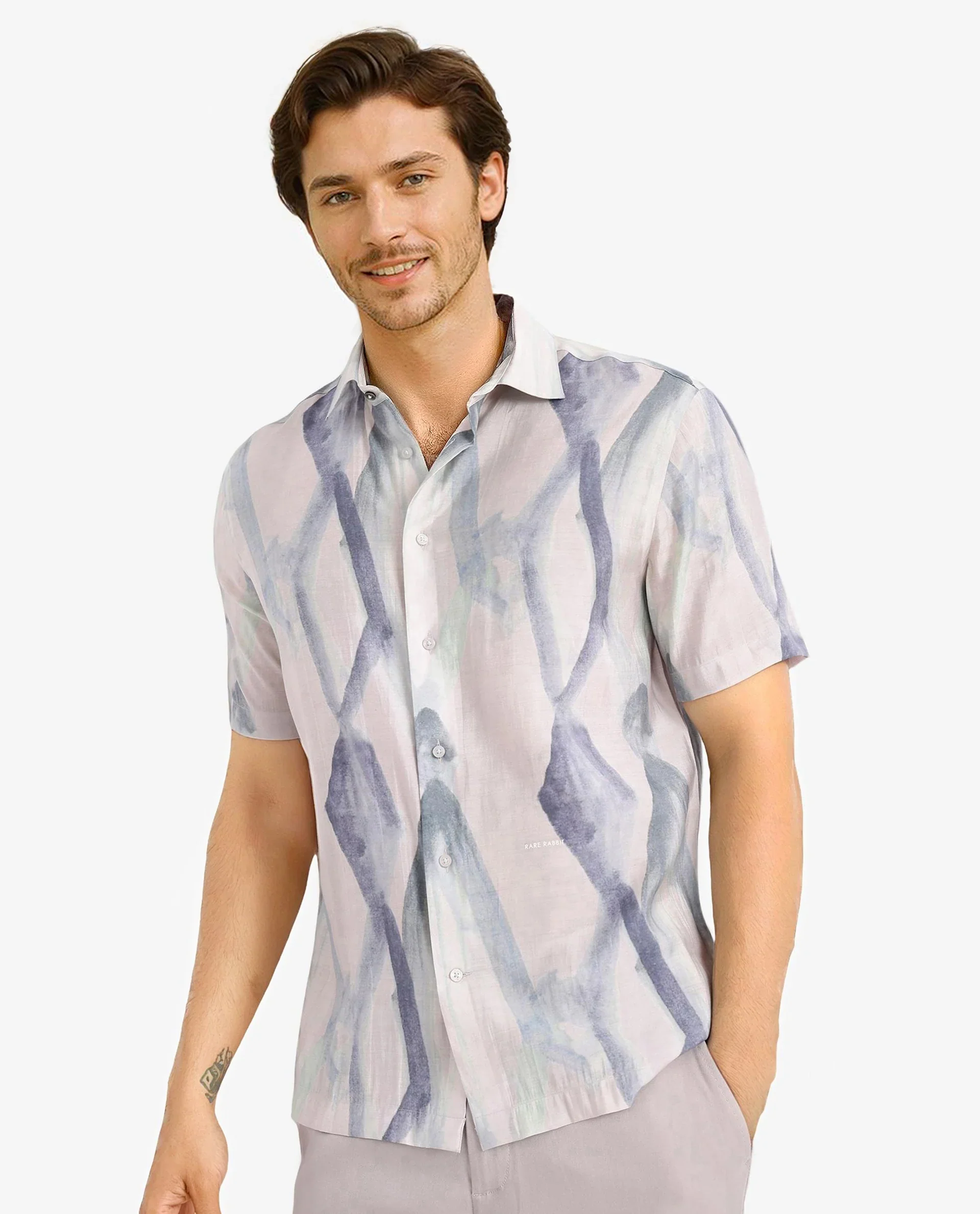 Rare Rabbit Men's Rogue Pastel Pink Cotton Abstract Print Regular Fit Half Sleeve Collared Shirt - Image 5