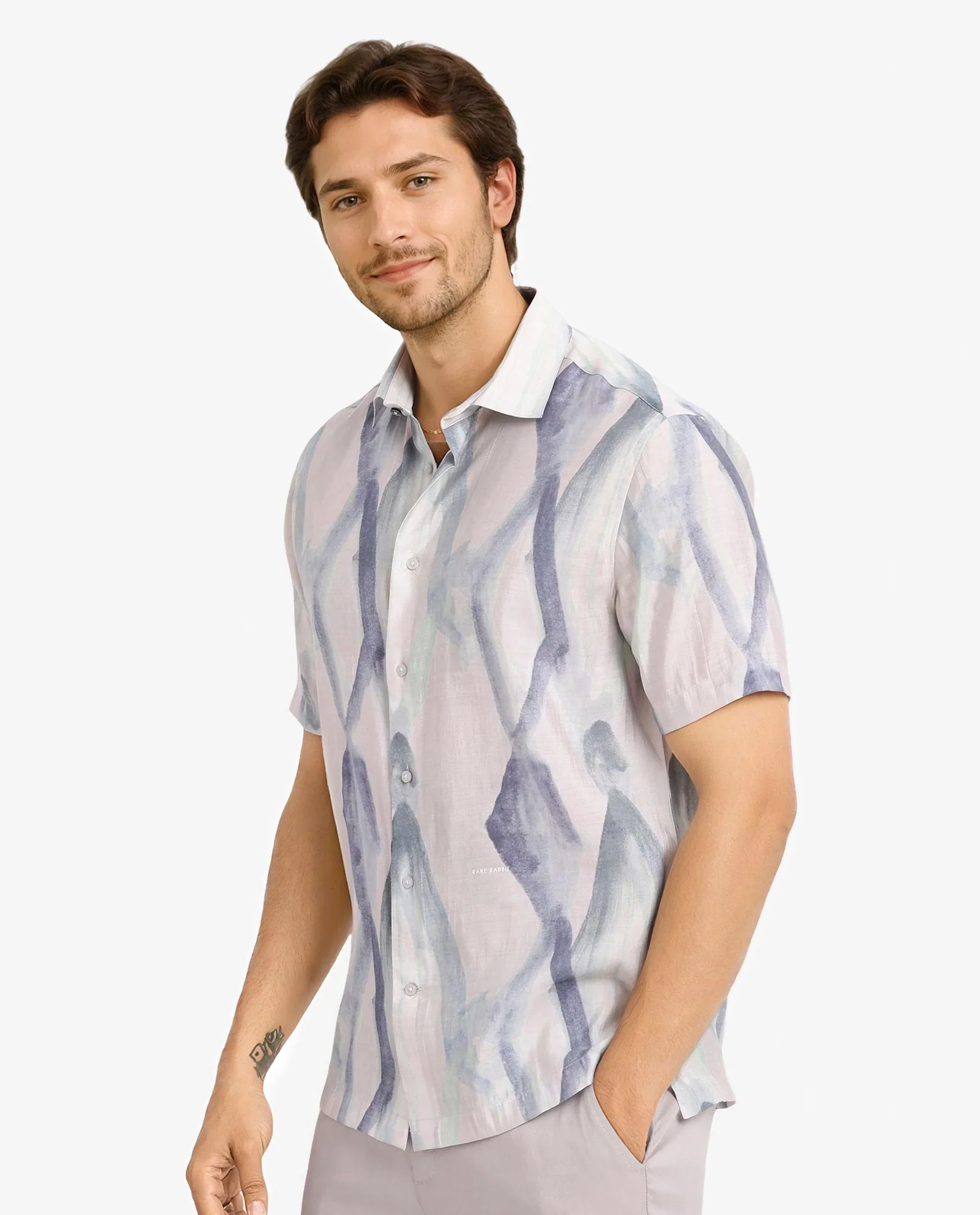Rare Rabbit Men's Rogue Pastel Pink Cotton Abstract Print Regular Fit Half Sleeve Collared Shirt - Image 8