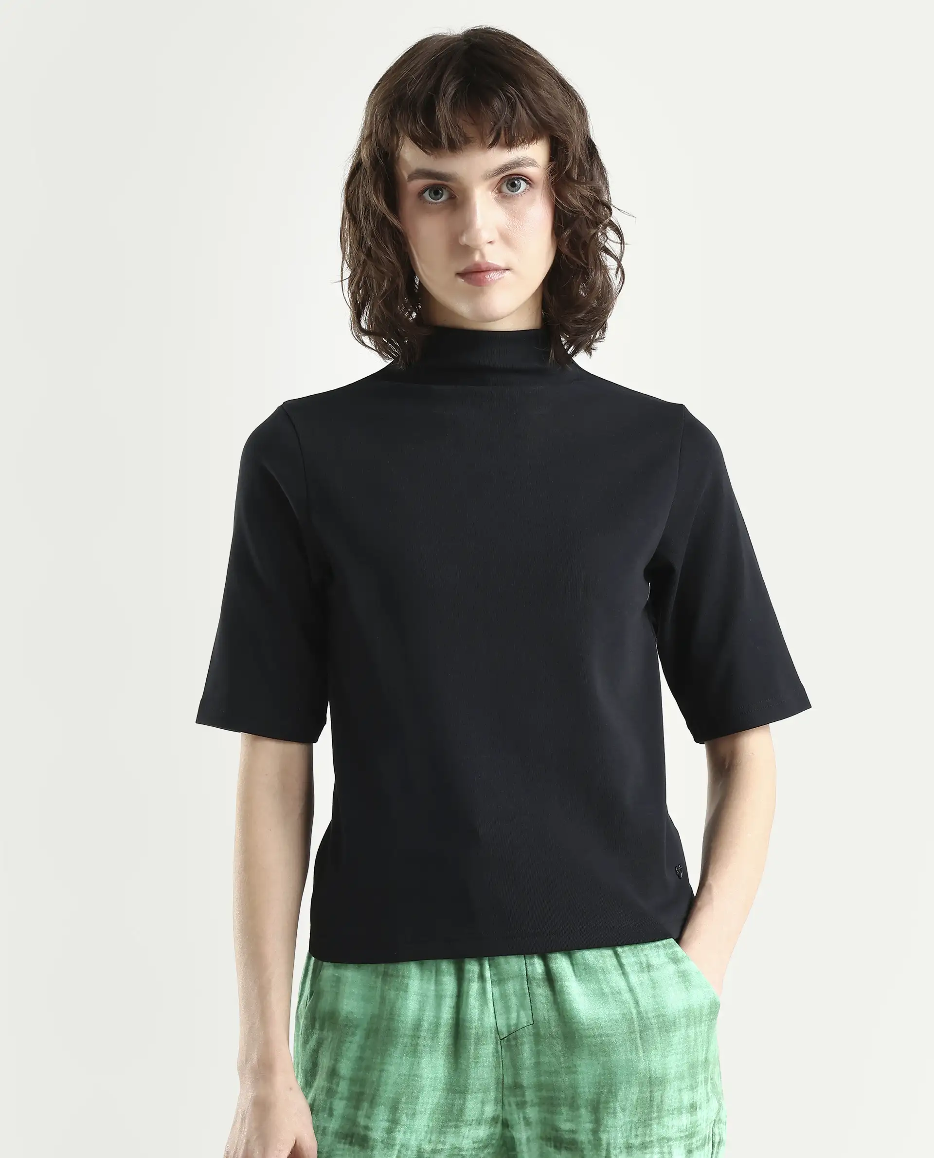 Rareism Women's Rohdrio Black Cotton Blend High Neck Plain Regular Fit Top - Image 3