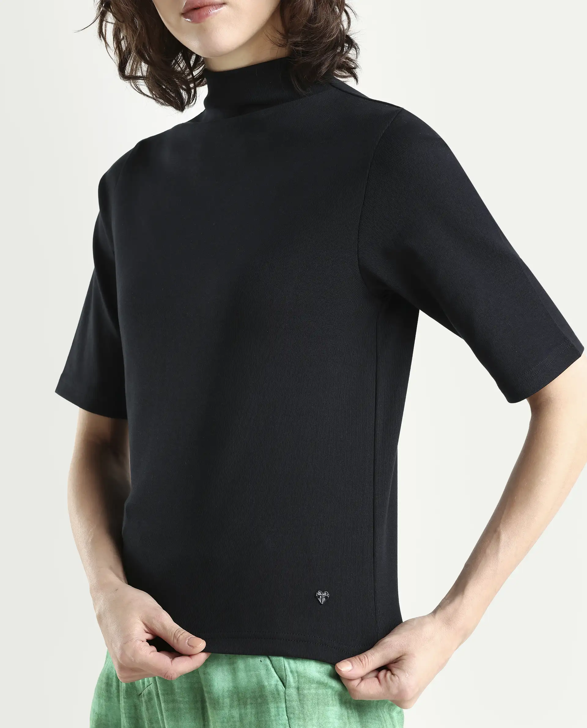 Rareism Women's Rohdrio Black Cotton Blend High Neck Plain Regular Fit Top - Image 4