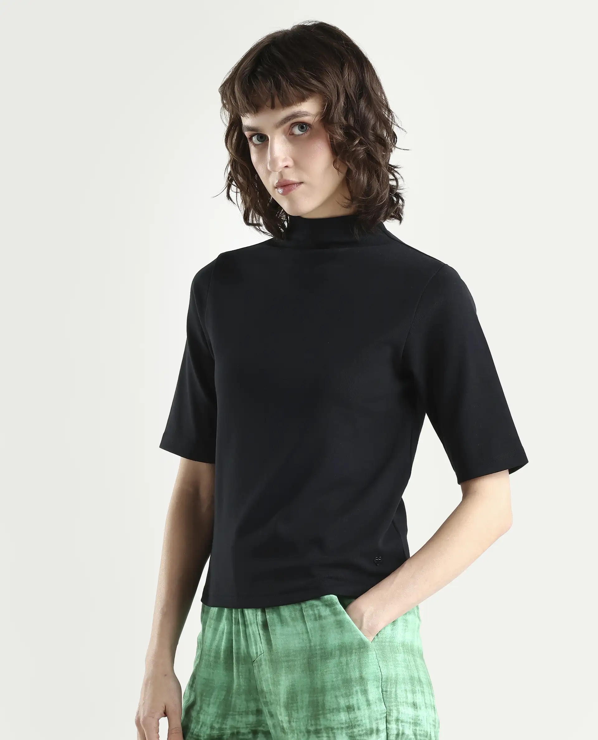Rareism Women's Rohdrio Black Cotton Blend High Neck Plain Regular Fit Top - Image 5