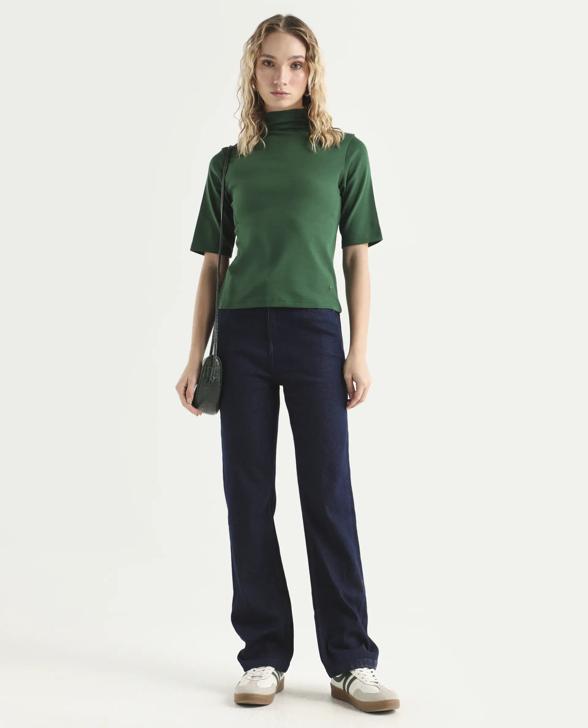 Rareism Women's Rohdrio Dark Green Cotton Blend High Neck Plain Regular Fit Top - Image 2
