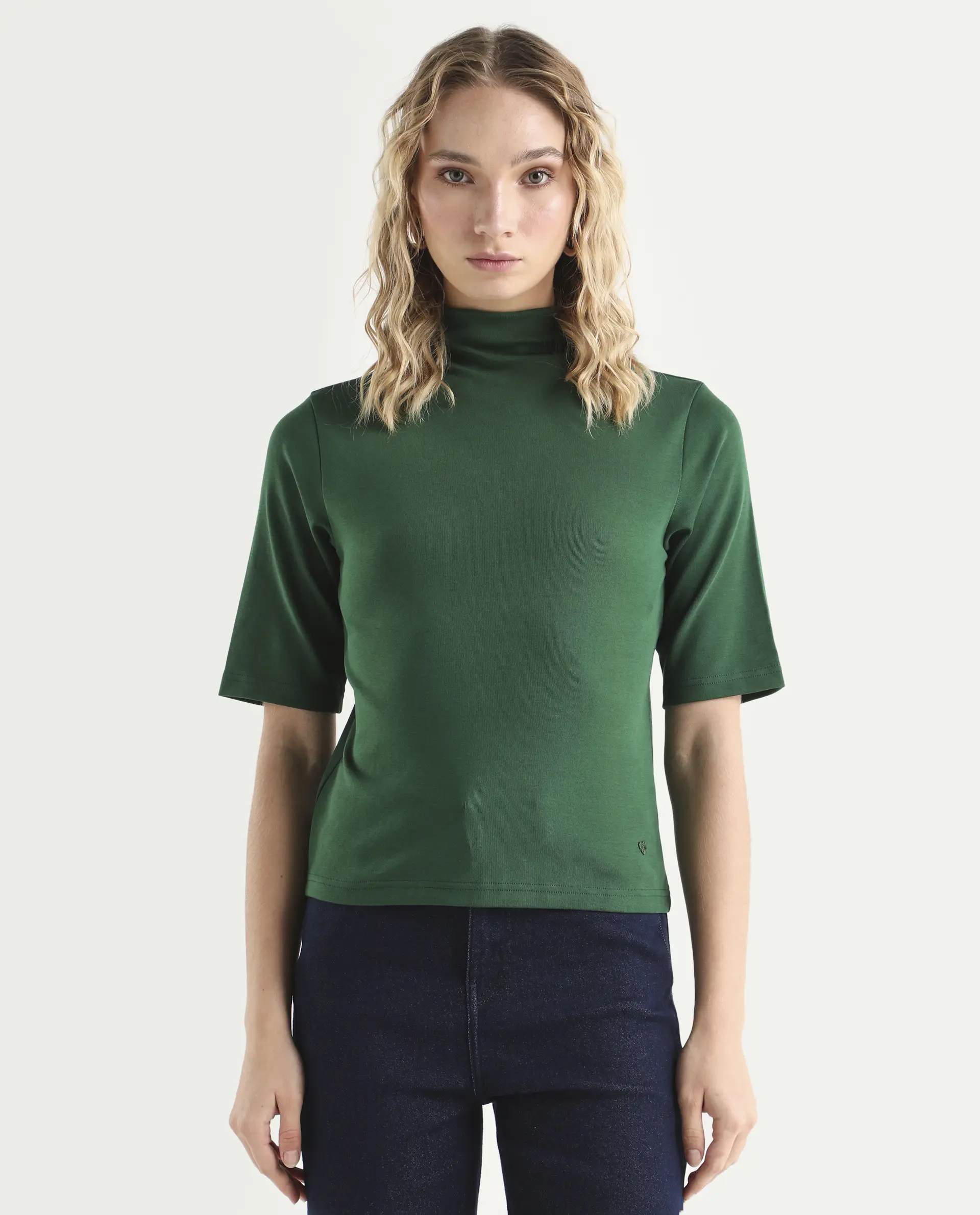 Rareism Women's Rohdrio Dark Green Cotton Blend High Neck Plain Regular Fit Top - Image 3