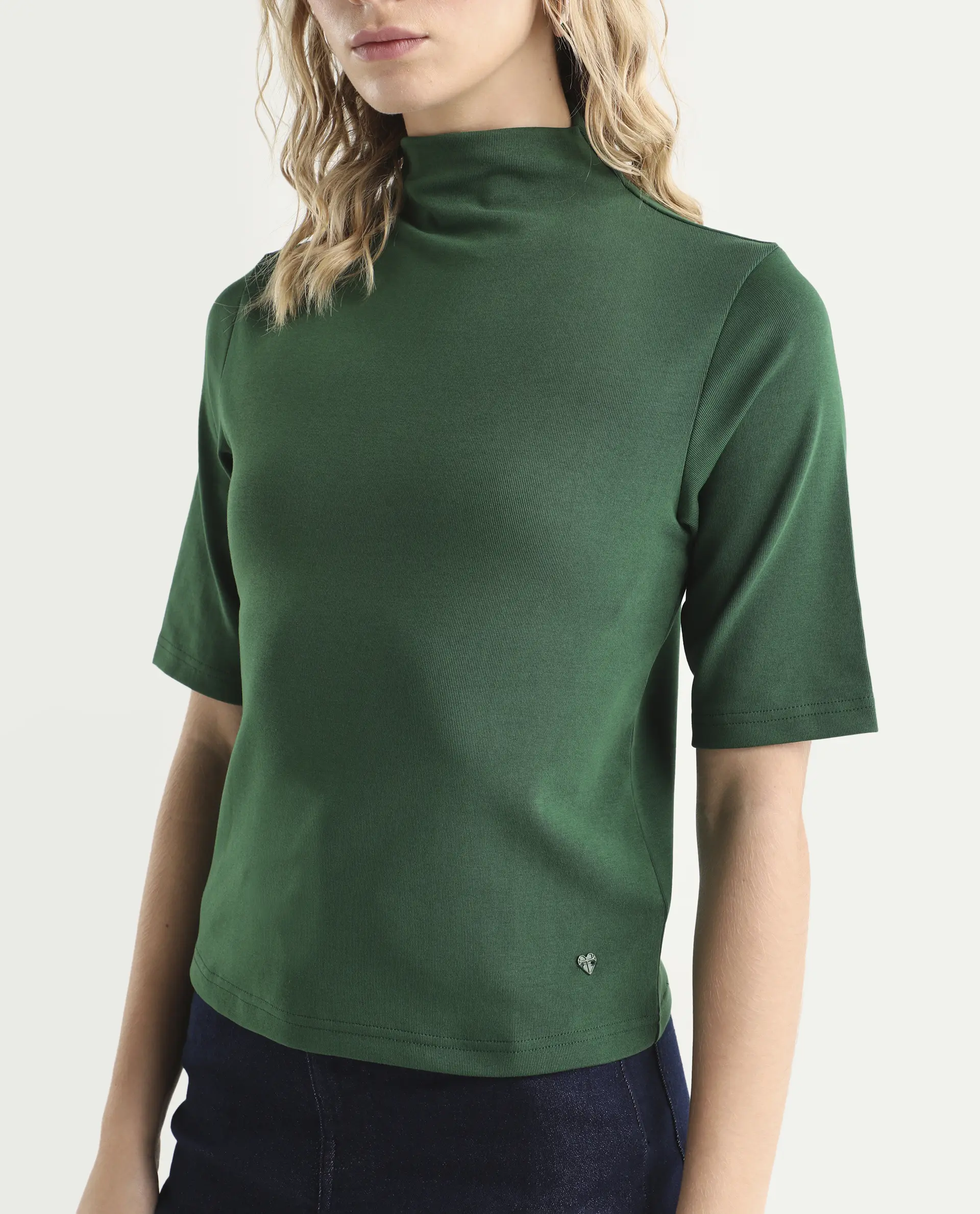 Rareism Women's Rohdrio Dark Green Cotton Blend High Neck Plain Regular Fit Top - Image 4