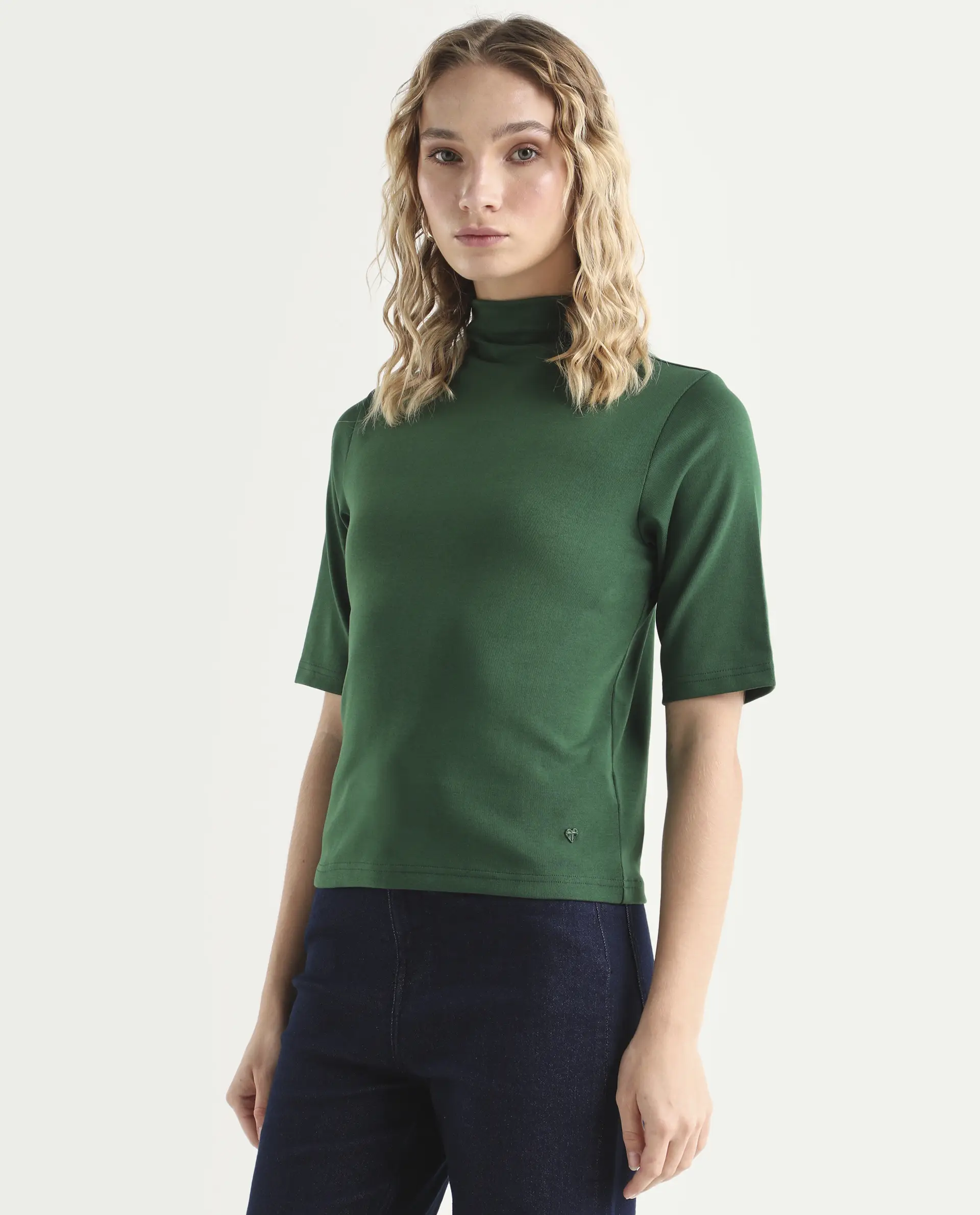 Rareism Women's Rohdrio Dark Green Cotton Blend High Neck Plain Regular Fit Top - Image 5