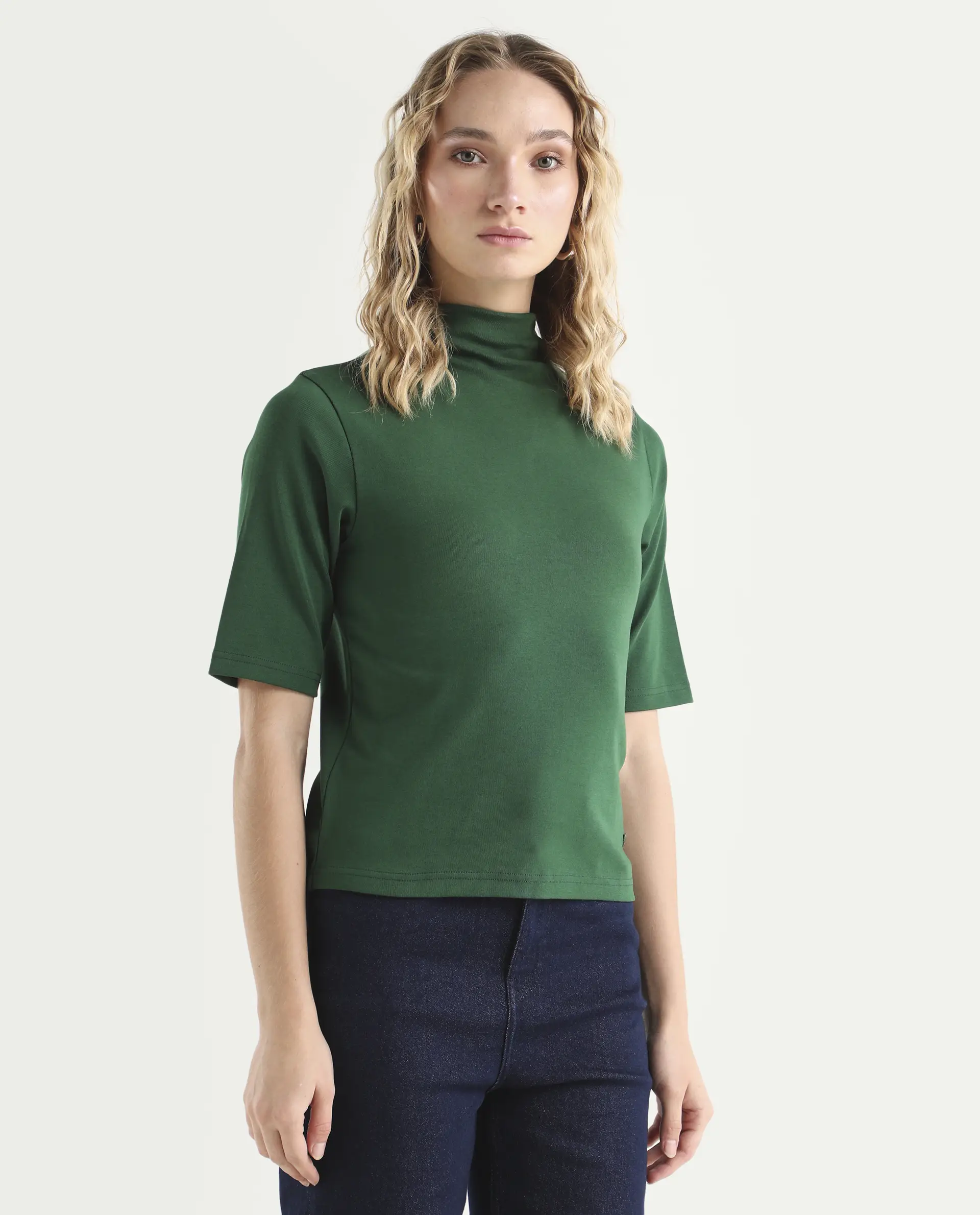 Rareism Women's Rohdrio Dark Green Cotton Blend High Neck Plain Regular Fit Top - Image 6