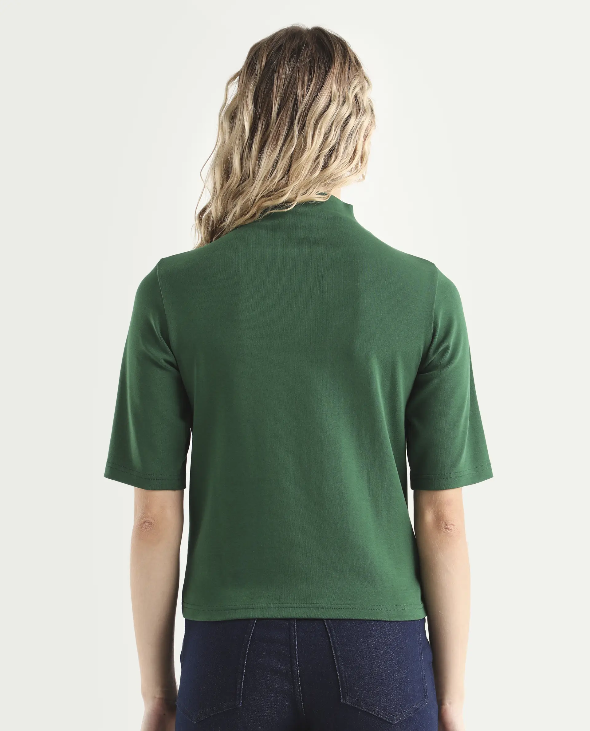Rareism Women's Rohdrio Dark Green Cotton Blend High Neck Plain Regular Fit Top - Image 7