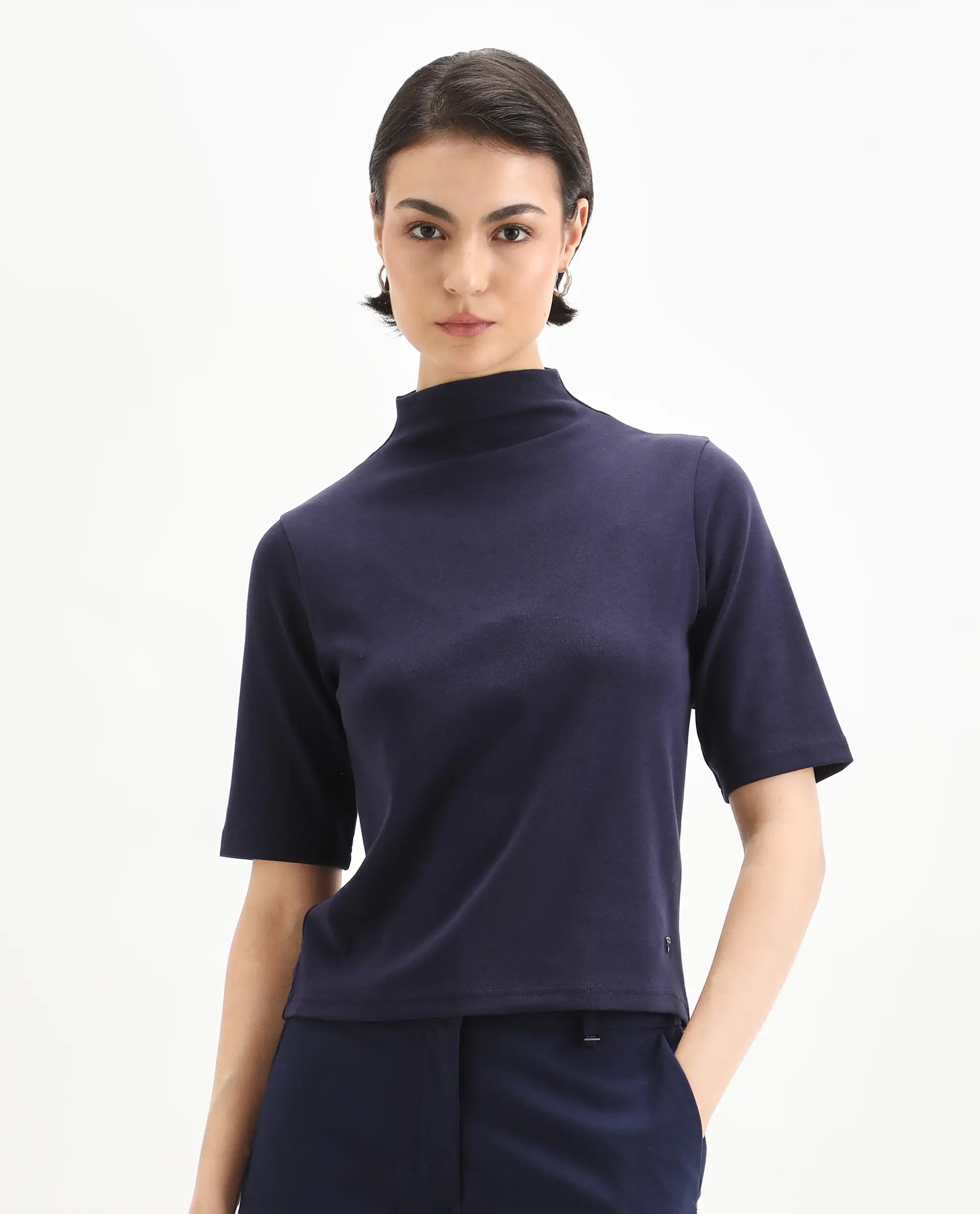 Rareism Women's Rohdrio Dusky Purple Cotton Blend Polo Neck Plain Regular Fit Top - Image 3
