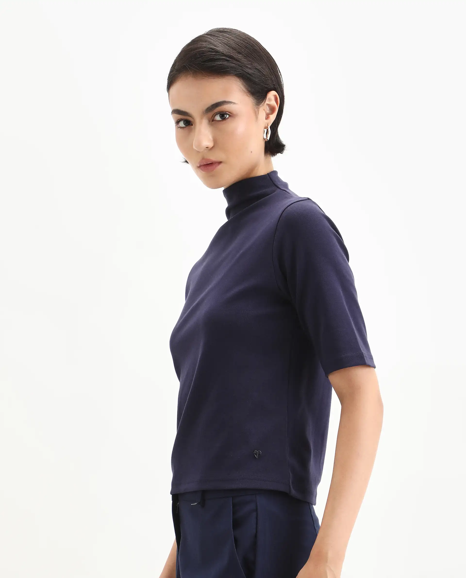 Rareism Women's Rohdrio Dusky Purple Cotton Blend Polo Neck Plain Regular Fit Top - Image 5