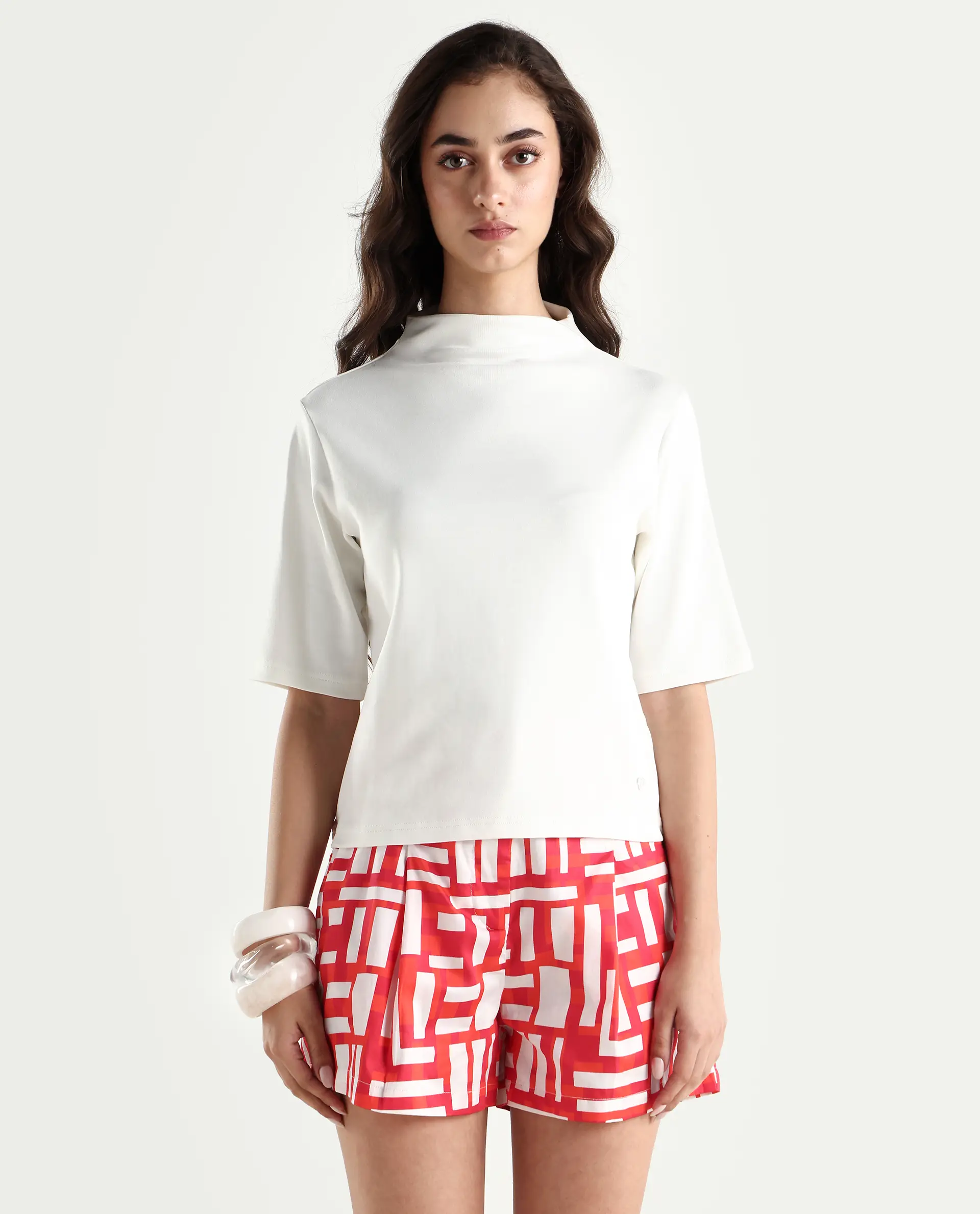 Rareism Women's Rohdrio Off White Cotton Blend High Neck Plain Regular Fit Top - Image 3