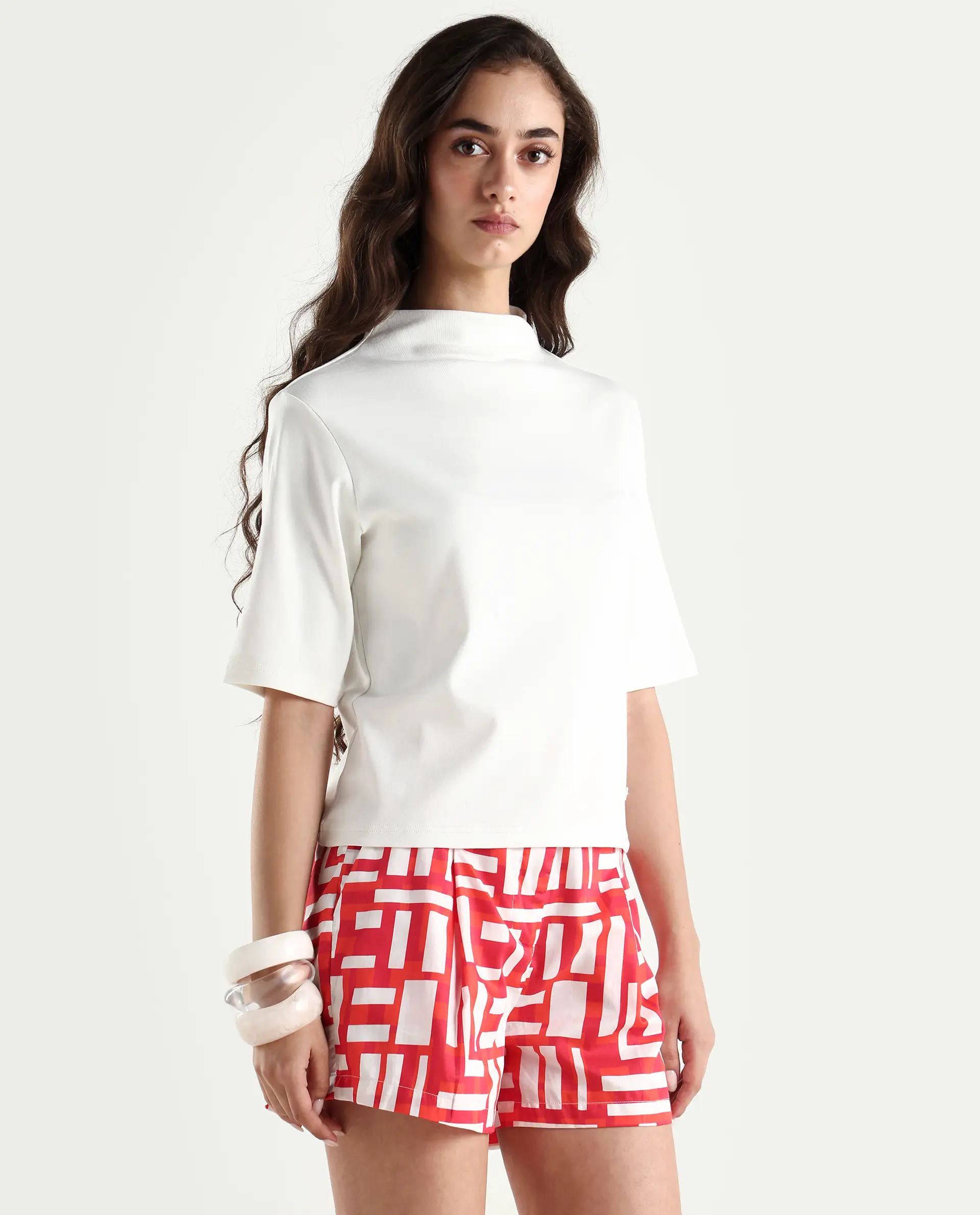 Rareism Women's Rohdrio Off White Cotton Blend High Neck Plain Regular Fit Top - Image 5